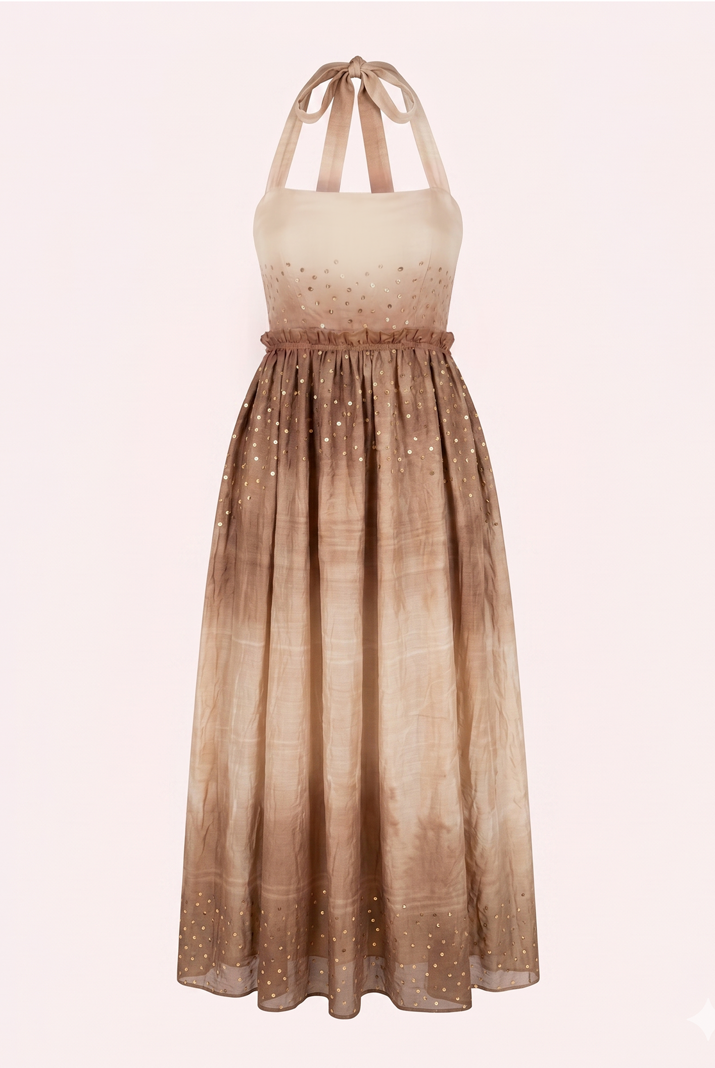 Aarohi Dress in handwoven mulberry silk featuring ivory-to-mocha Shibori dyeing, hand-sewn brass sequins, embroidered bodice, halter tie straps, and a flowing floor-length silhouette.