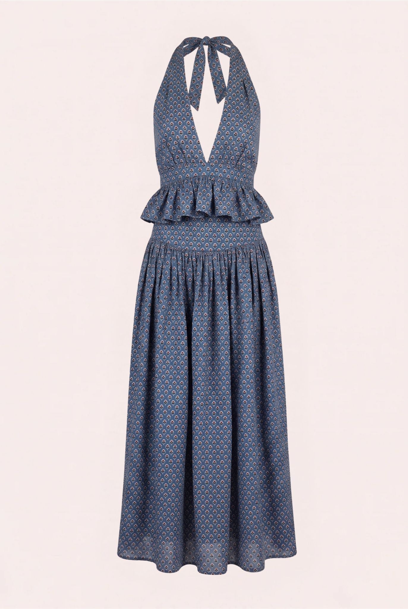 Bohemian two-piece set, cotton halter top, maxi skirt set, Ajrakh block print clothing, handmade cotton co-ord, artisan-made fashion, ethical clothing India, boho summer outfit, handcrafted resort wear, sustainable women's fashion.