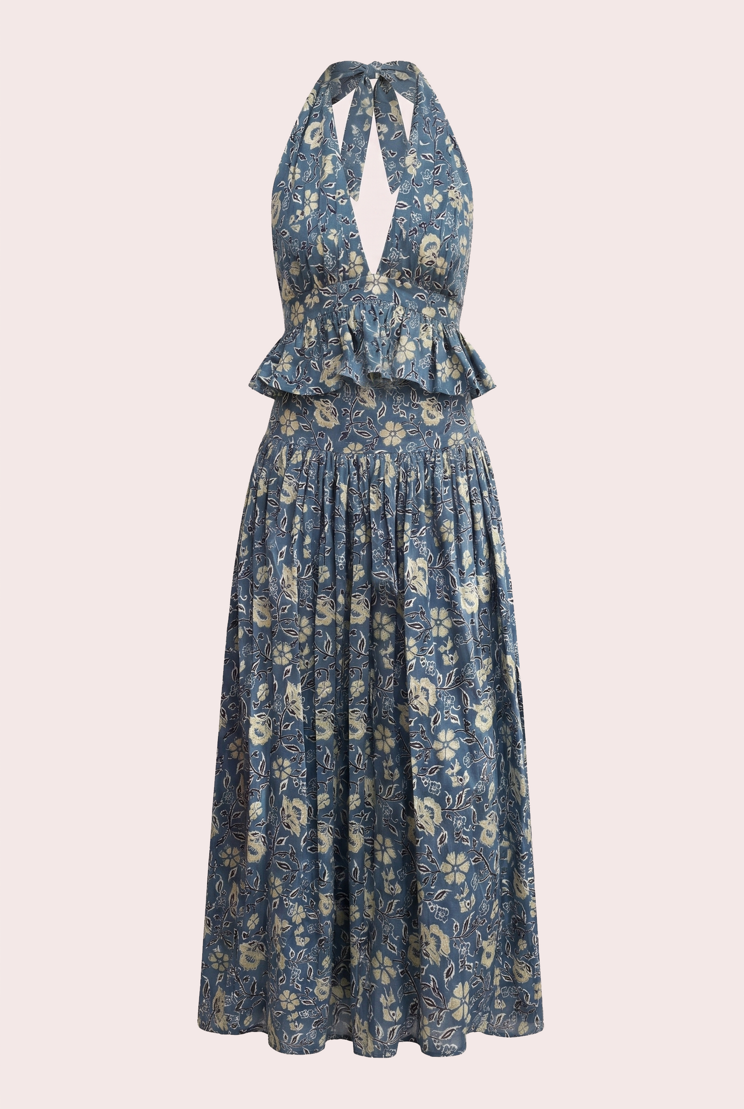 Bohemian two-piece set, cotton halter top, maxi skirt set, Ajrakh block print clothing, handmade cotton co-ord, artisan-made fashion, ethical clothing India, boho summer outfit, handcrafted resort wear, sustainable women's fashion.
