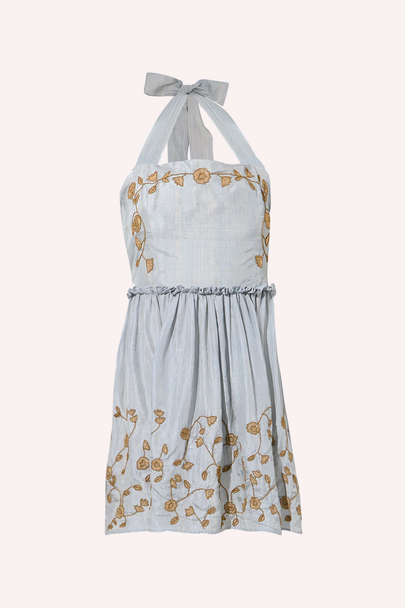 ZAZI Aarohi Dress in Cloud Petal, a luxury artisan-made gown crafted from naturally dyed handwoven Kosha silk with handcrafted zardozi embroidery. Features a halter neckline, adjustable corset lace-up back, and a flowing short skirt. Ethically made in India by Kumbaya artisans.

