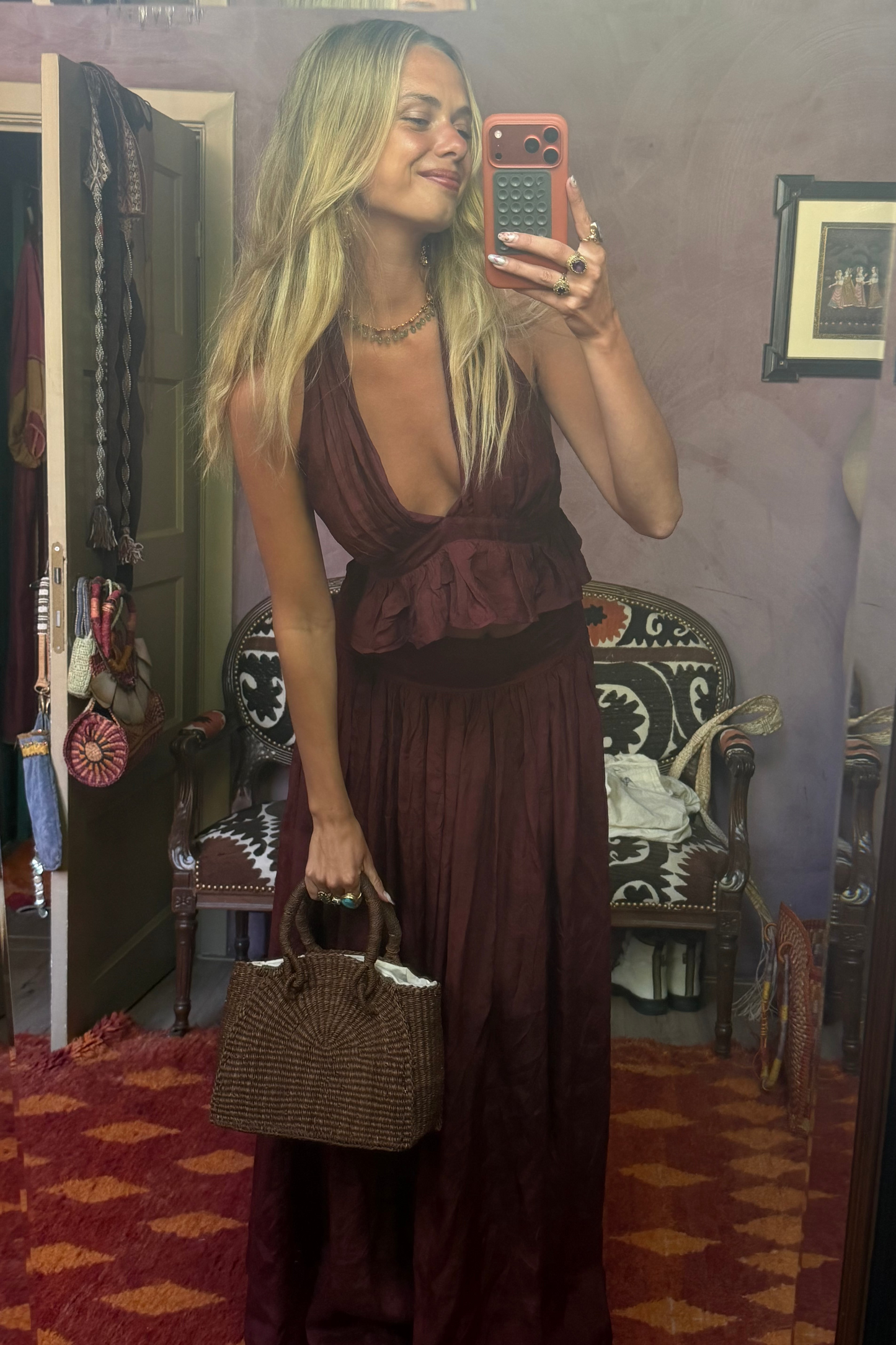 ZAZI Avani Set in naturally dyed mulberry silk, featuring a feminine bohemian two-piece design with a lightweight and flowing silhouette.