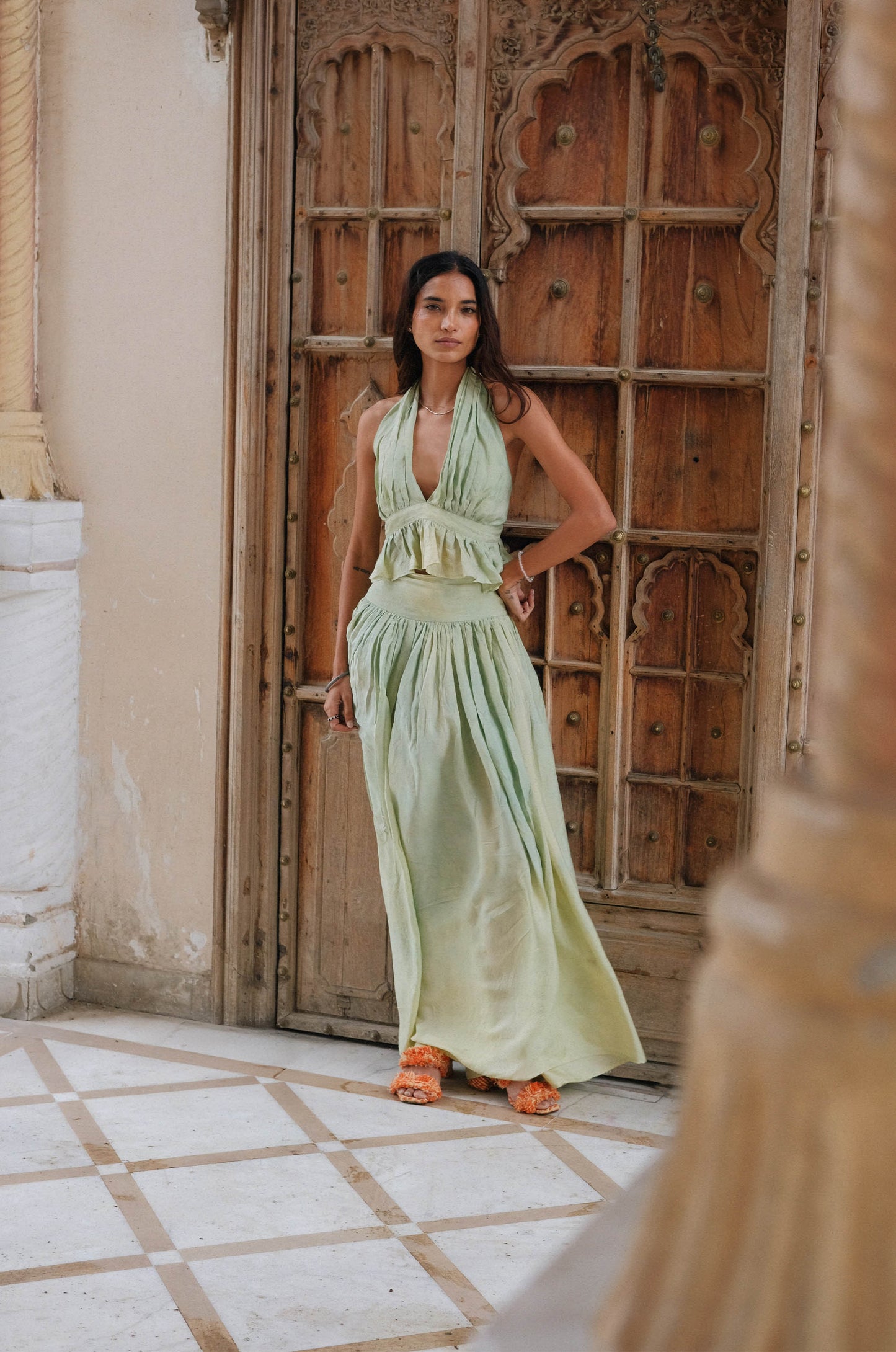 ZAZI Avani Set in naturally dyed mulberry silk, featuring a feminine bohemian two-piece design with a lightweight and flowing silhouette.