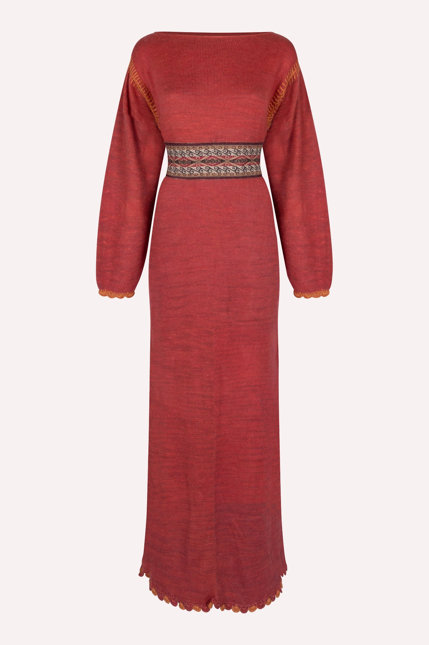 GLADYS DRESS BLUSH handcrafted alpaca wool maxi dress with crochet details, balloon sleeves, off-shoulder boat neckline, naturally dyed blush color, ethically made in Cusco, Peru