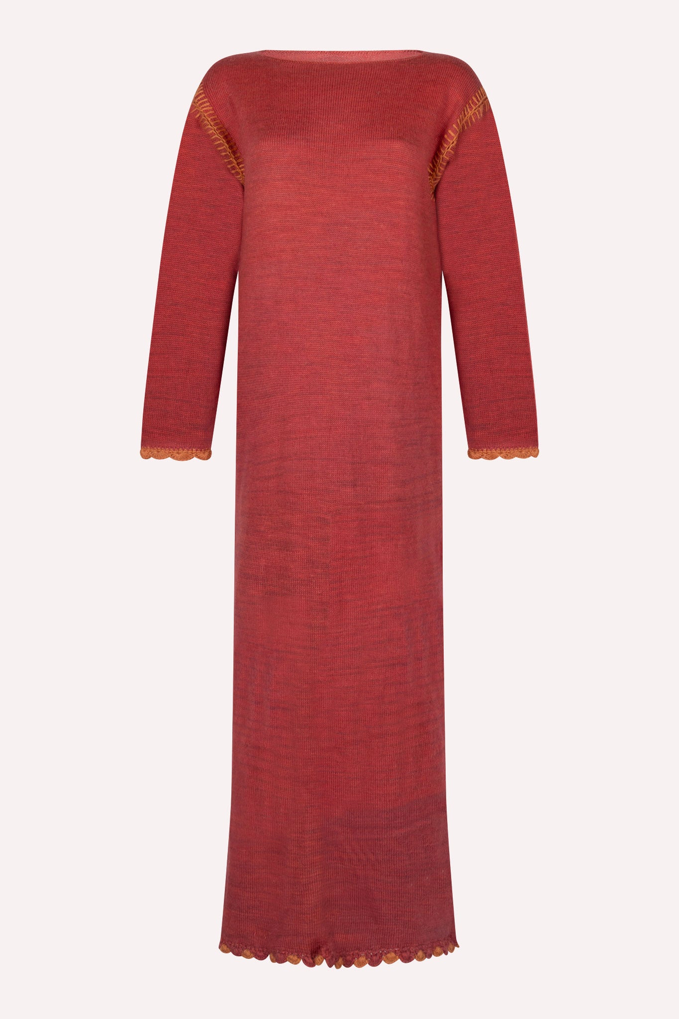 GLADYS DRESS BLUSH handcrafted alpaca wool maxi dress with crochet details, balloon sleeves, off-shoulder boat neckline, naturally dyed blush color, ethically made in Cusco, Peru