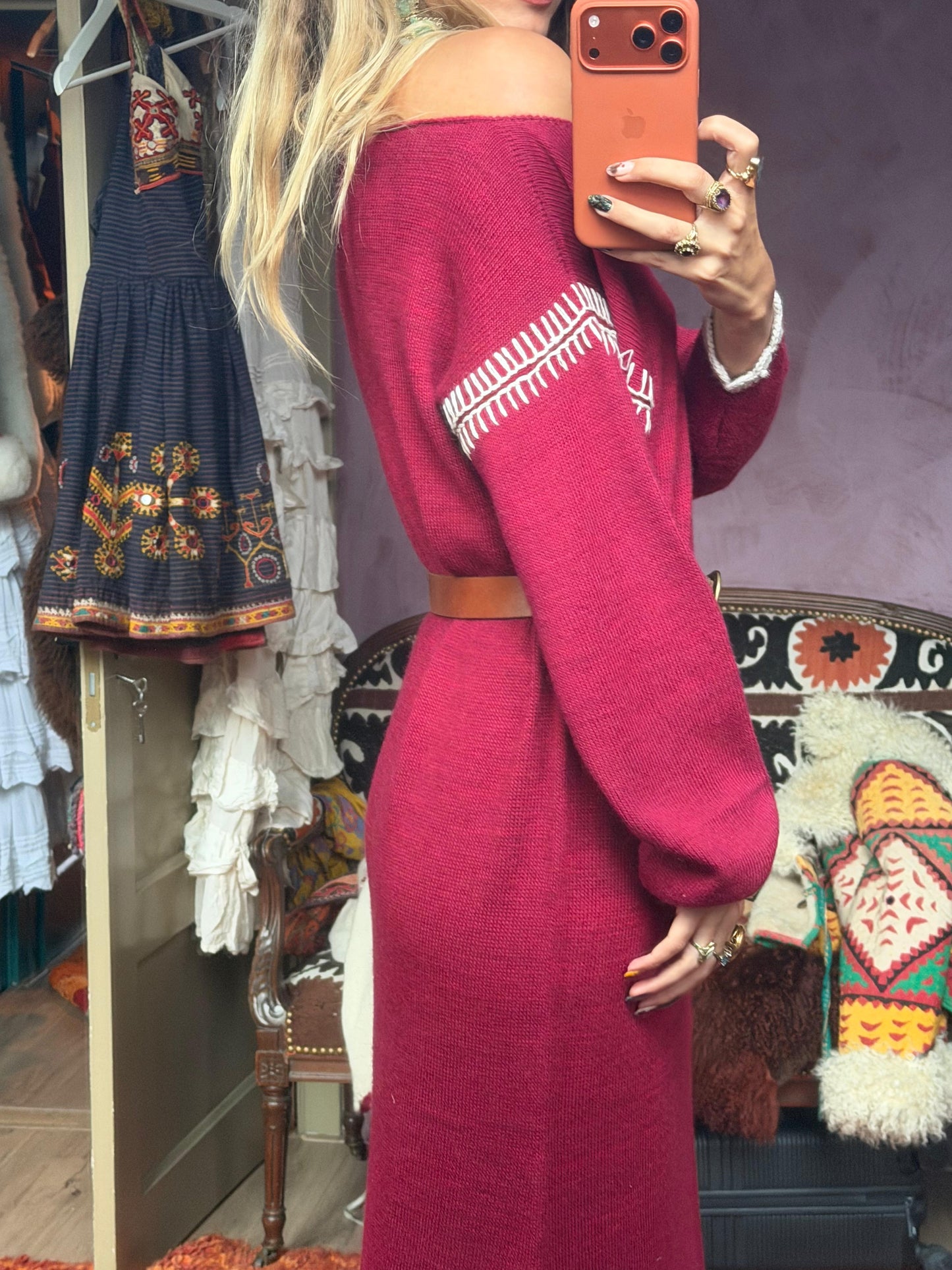
                  
                    GLADYS DRESS MAROON handcrafted alpaca wool maxi dress with crochet details, balloon sleeves, off-shoulder boat neckline, naturally dyed maroon color, ethically made in Cusco, Peru
                  
                