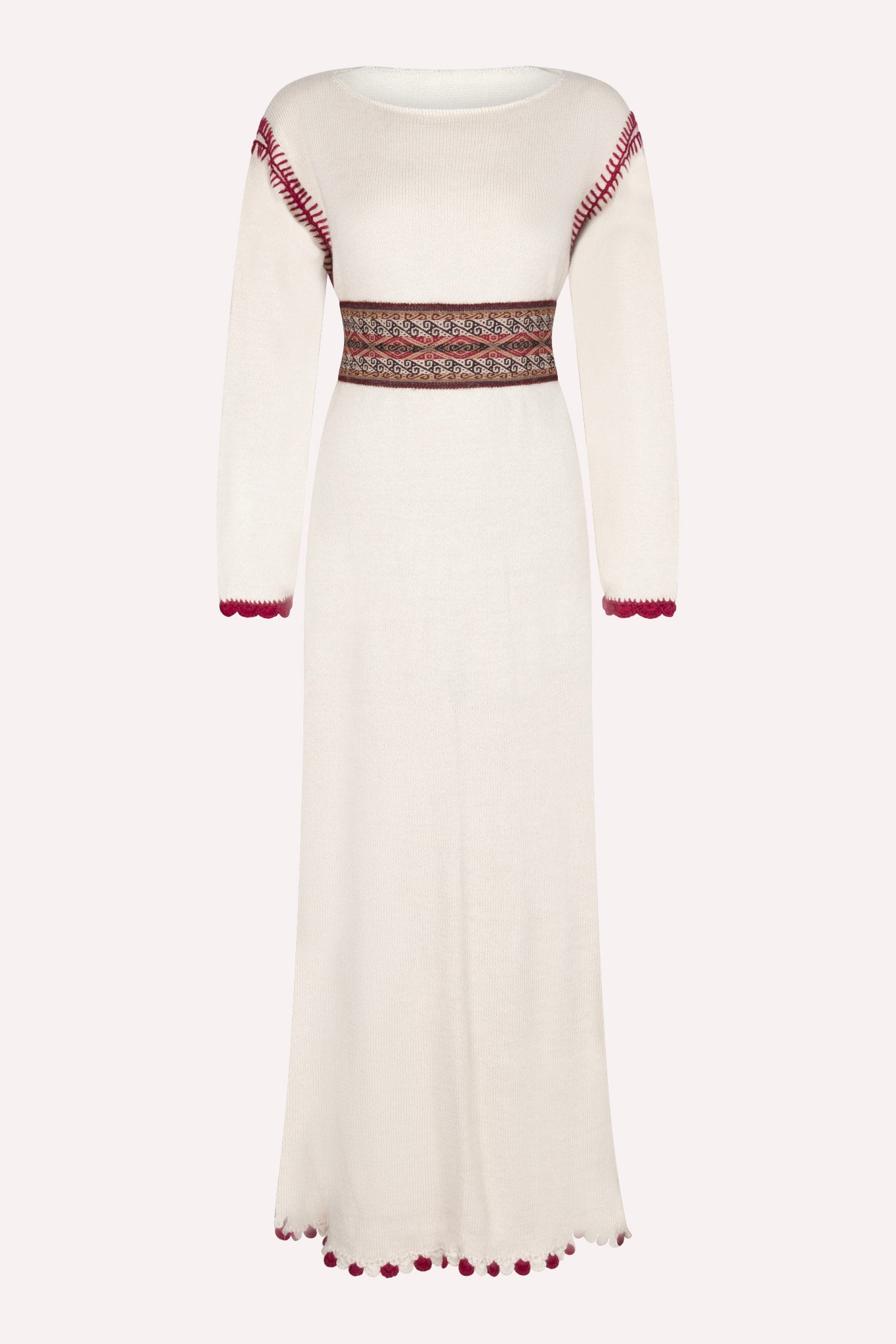 GLADYS DRESS WHITE handcrafted maxi dress made from 100% Peruvian alpaca wool with crochet details, balloon sleeves and off-shoulder boat neckline, ethically made in Cusco, Peru