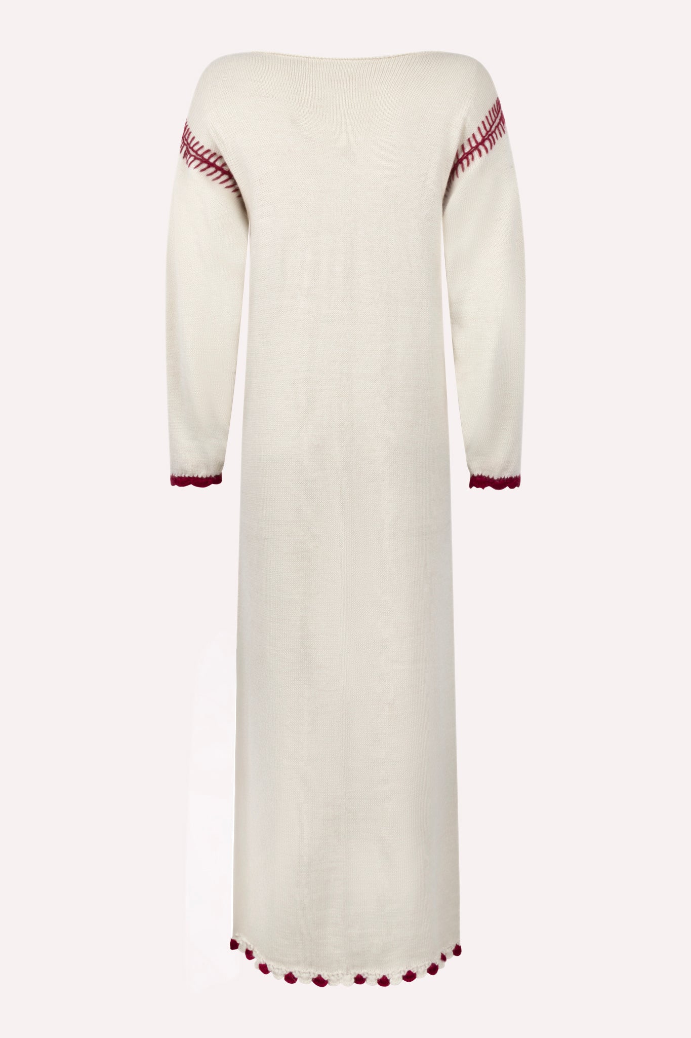 
                  
                    GLADYS DRESS WHITE handcrafted maxi dress made from 100% Peruvian alpaca wool with crochet details, balloon sleeves and off-shoulder boat neckline, ethically made in Cusco, Peru
                  
                