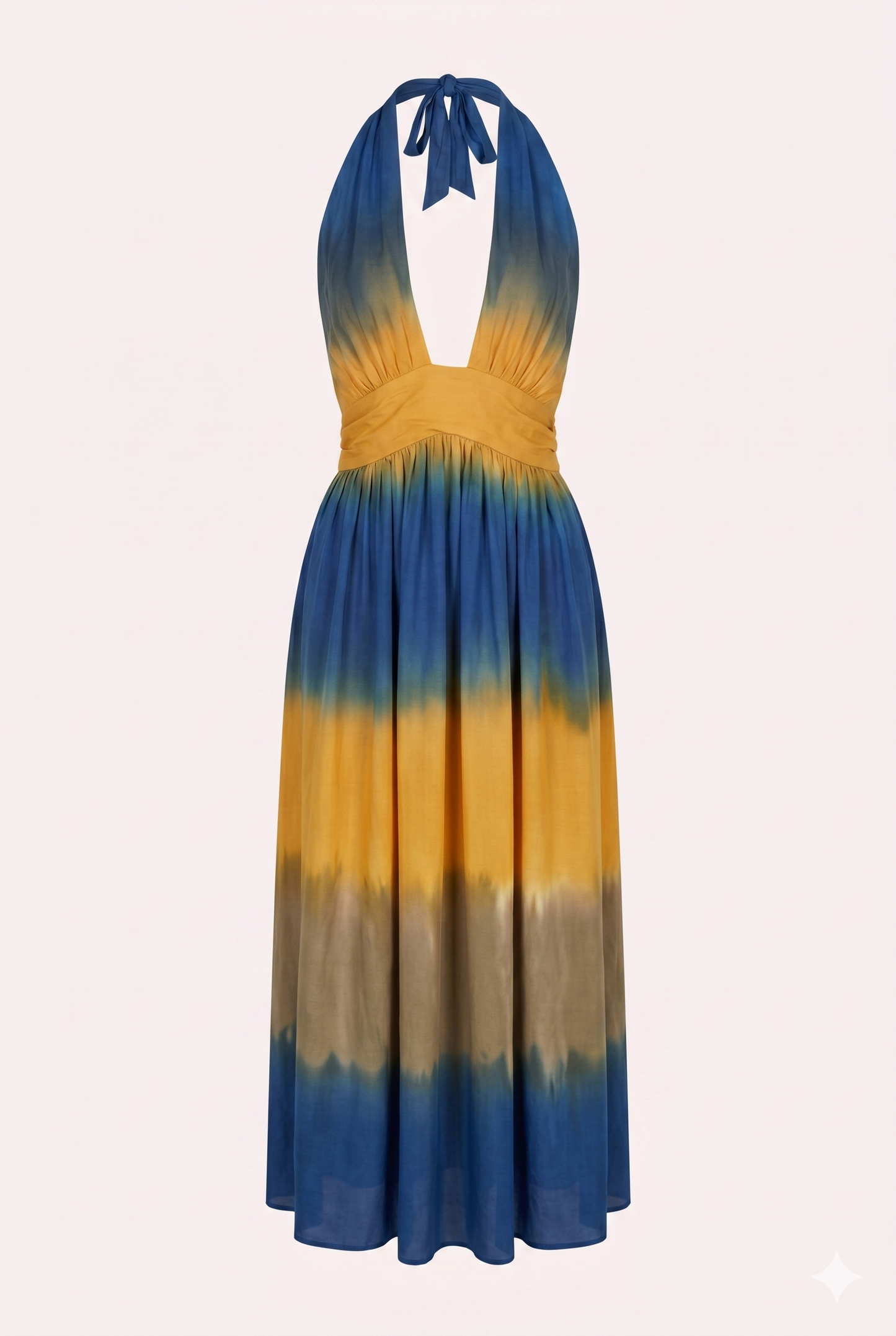 ZAZI Holiya hand-dyed maxi dress with halter neckline, flowing silhouette, and sunset-inspired watercolor hues, handcrafted in India by Heenaagrima artisans.
