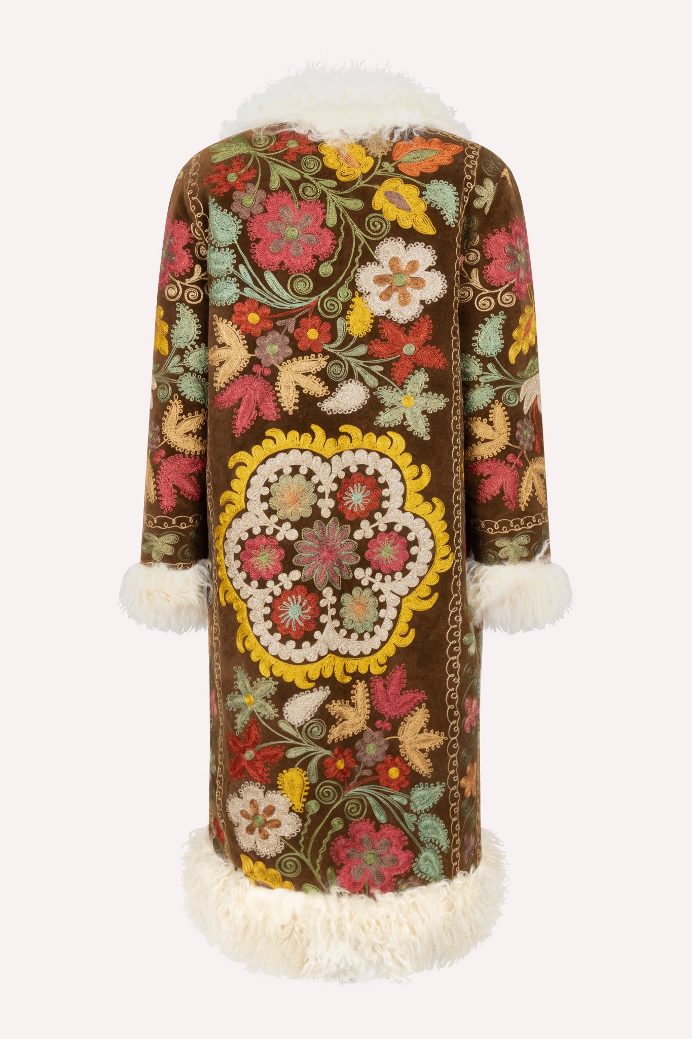 Brown velvet Afghan coat with floral embroidery