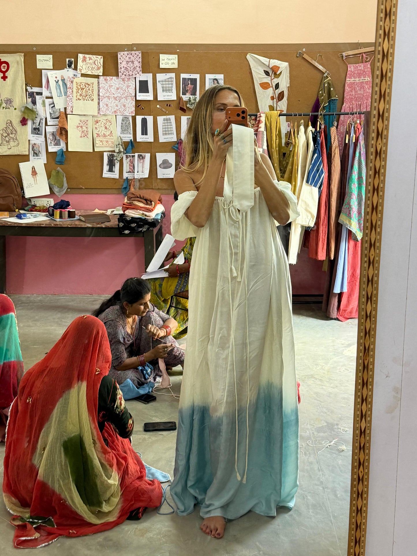 
                  
                    Jeanne de Kroon in the silk pathani two tone dip dye dress in blue
                  
                