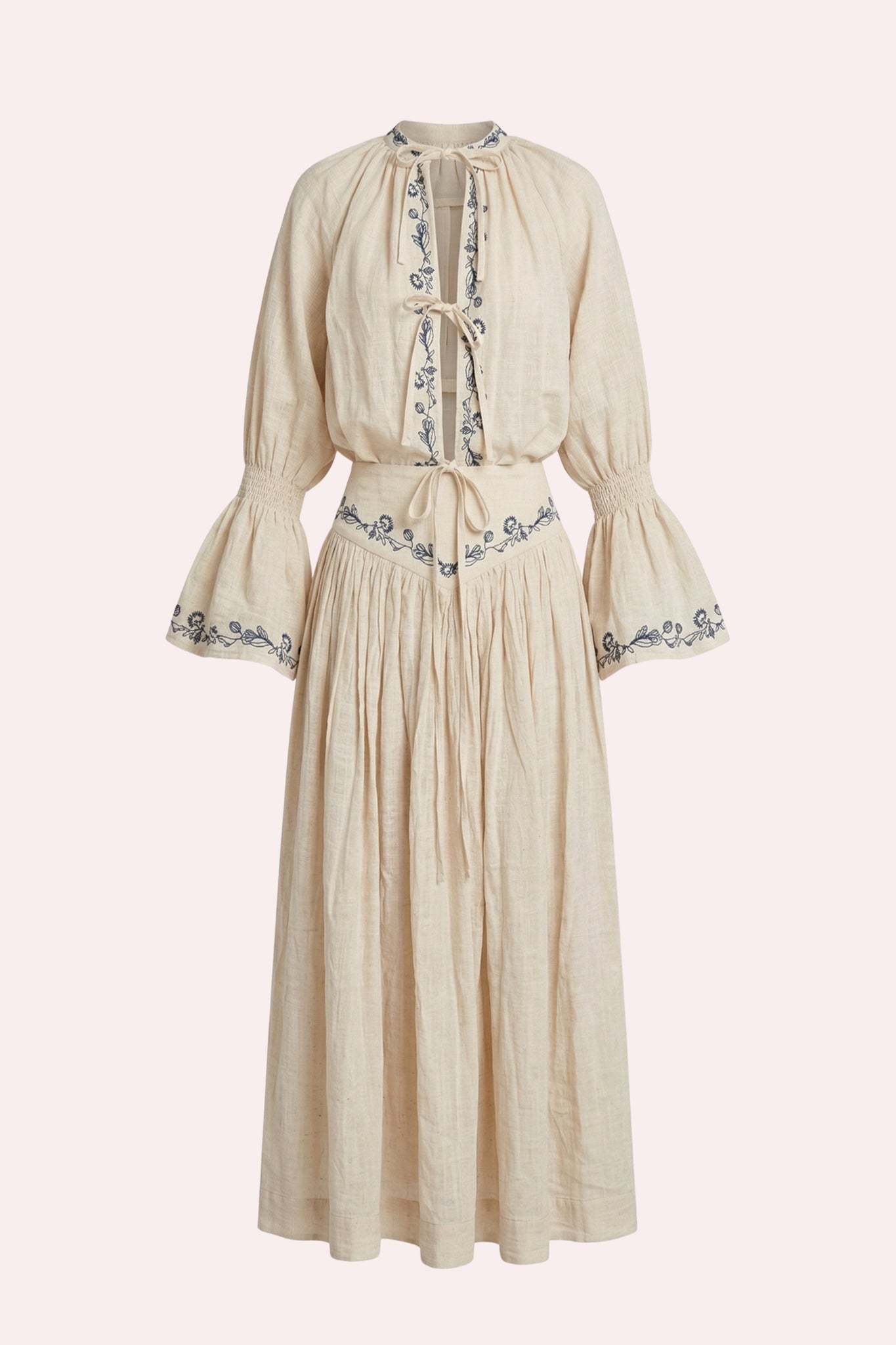 ZAZI Kalini handwoven Khadi cotton two-piece set with embroidered blouse, balloon sleeves, adjustable ties, and flowing maxi skirt for summer and resort wear.