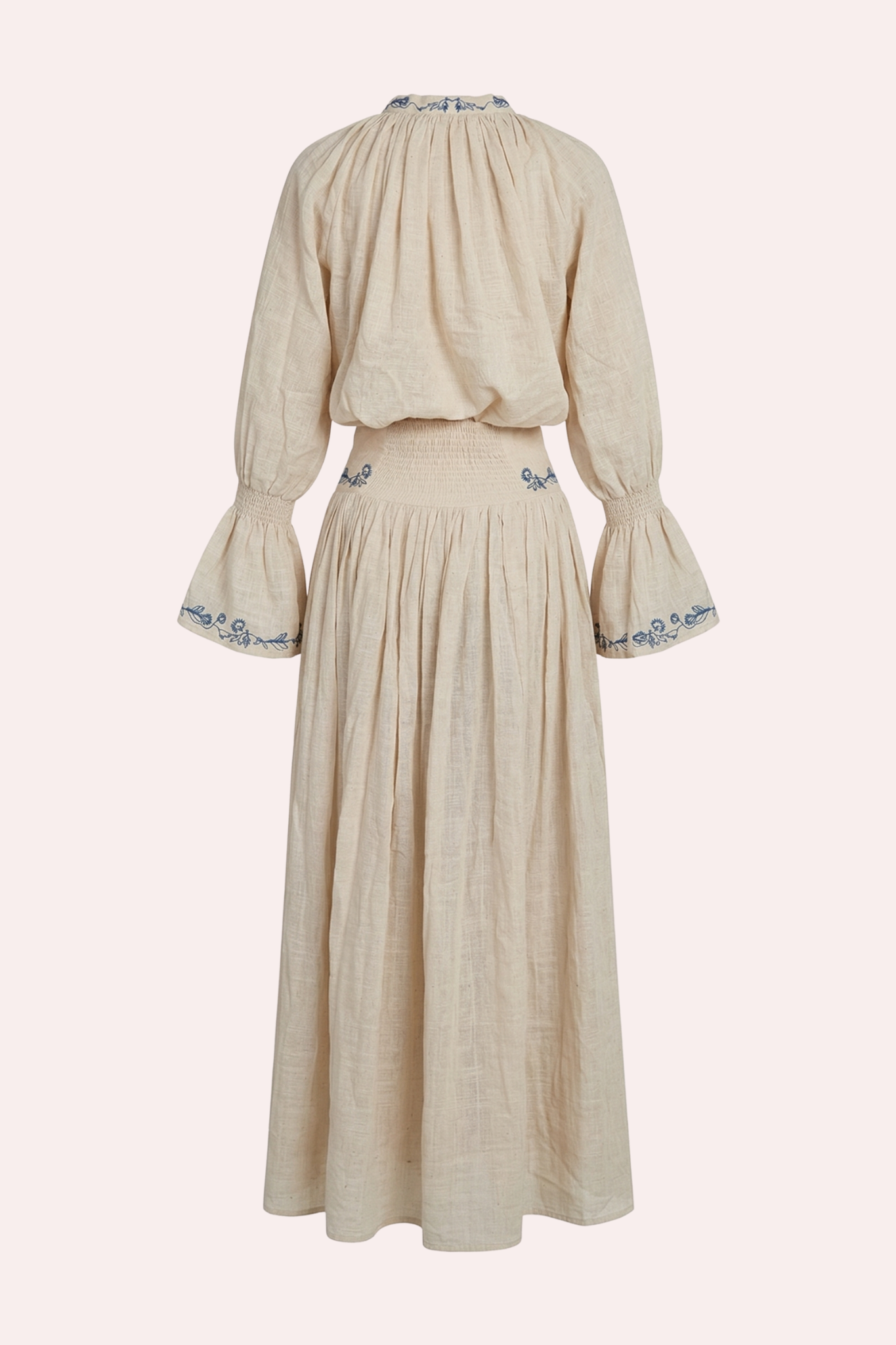 
                  
                    ZAZI Kalini handwoven Khadi cotton two-piece set with embroidered blouse, balloon sleeves, adjustable ties, and flowing maxi skirt for summer and resort wear.
                  
                
