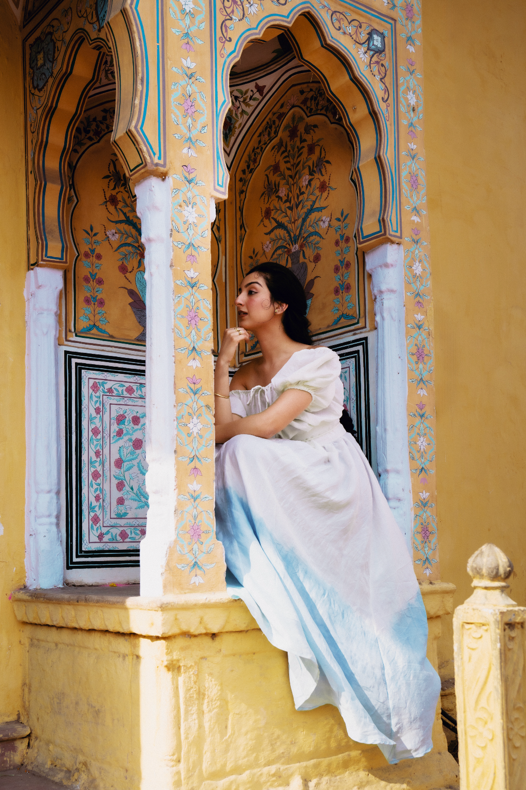 ZAZI Pathani Dress featuring a naturally dyed and eco-printed off-shoulder maxi silhouette with a flowing bohemian design and artisan craftsmanship.
