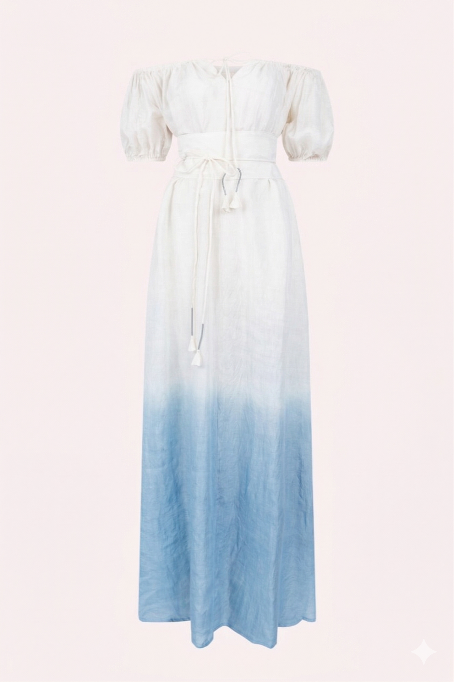 ZAZI Pathani Dress featuring a naturally dyed and eco-printed off-shoulder maxi silhouette with a flowing bohemian design and artisan craftsmanship.