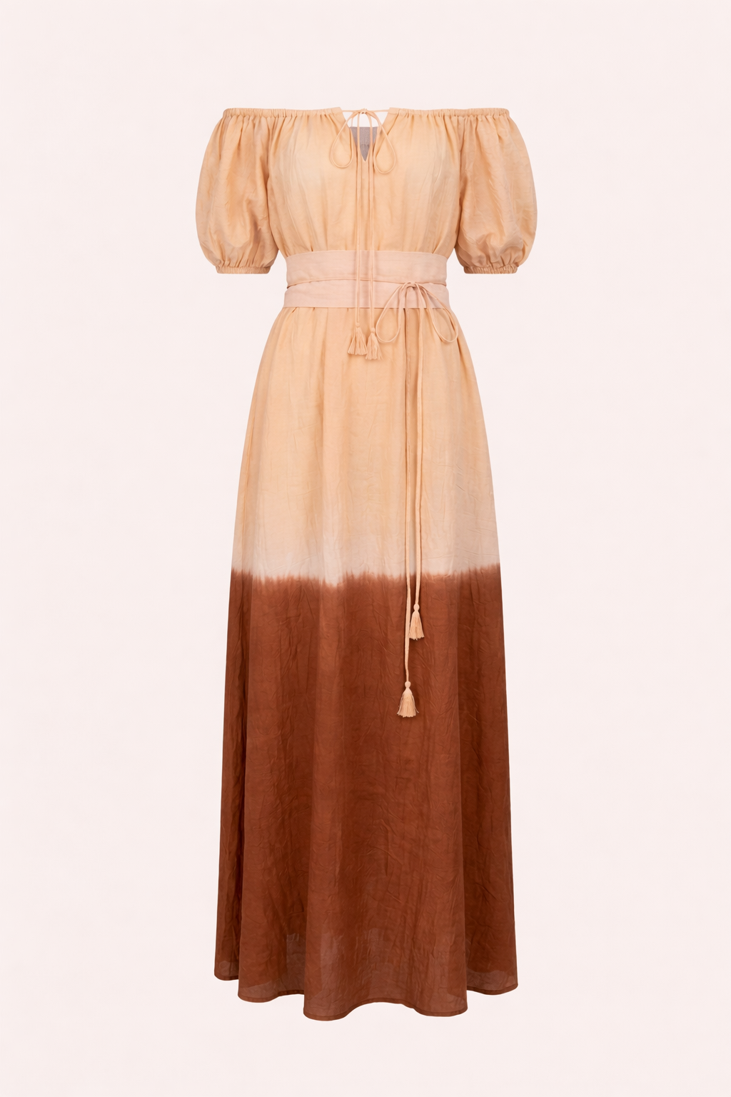ZAZI Pathani Dress featuring a naturally dyed and eco-printed off-shoulder maxi silhouette with a flowing bohemian design and artisan craftsmanship.