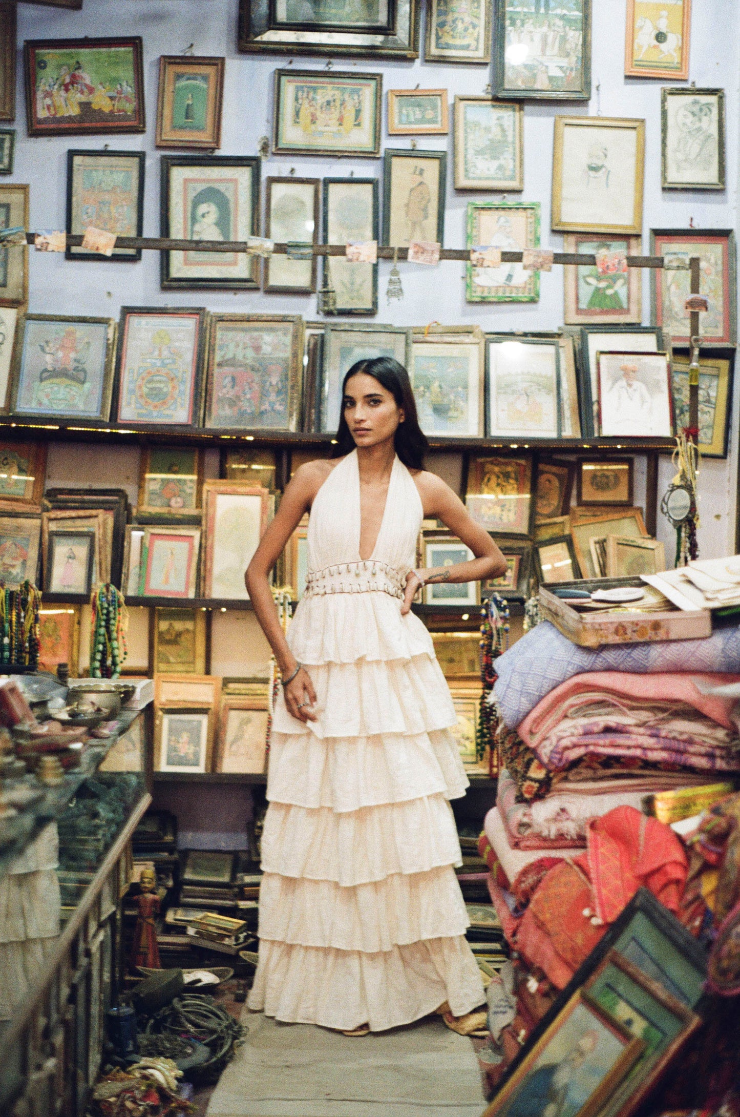 Women's Salila maxi dress crafted from 100% Khadi cotton with a halter neck, flowing ruffles, shell embellishments, and adjustable open-back design.