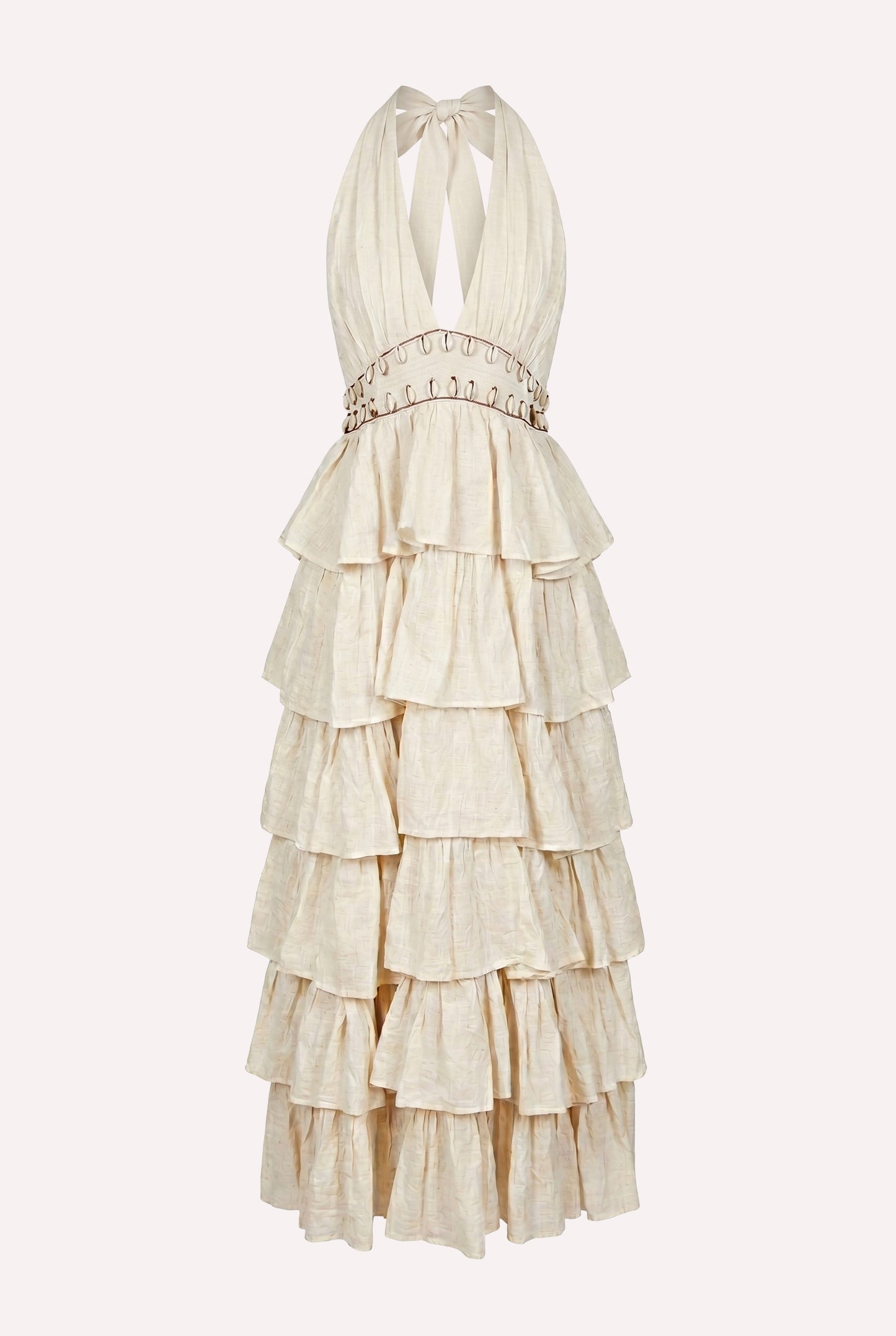 Women's Salila maxi dress crafted from 100% Khadi cotton with a halter neck, flowing ruffles, shell embellishments, and adjustable open-back design.