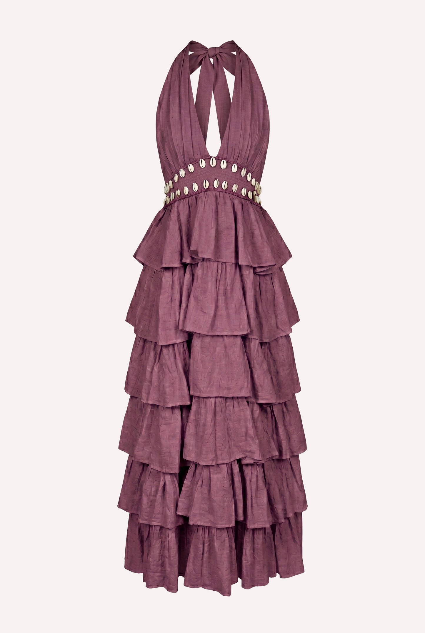 ZAZI Women's Salila maxi dress crafted from 100% mulberry silk with a halter neck, flowing ruffles, shell embellishments, and adjustable open-back design.