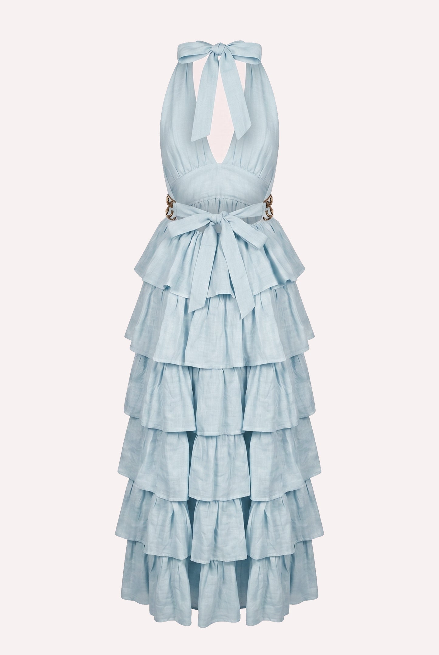 ZAZI Women's Salila maxi dress crafted from 100% mulberry silk with a halter neck, flowing ruffles, shell embellishments, and adjustable open-back design.