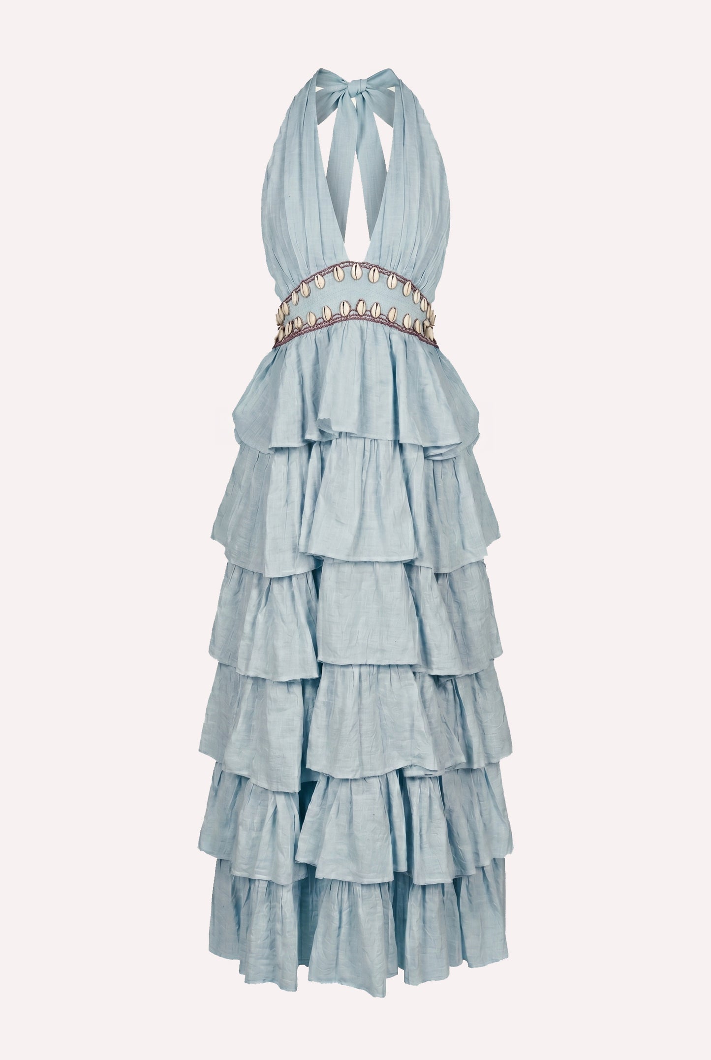 ZAZI Women's Salila maxi dress crafted from 100% mulberry silk with a halter neck, flowing ruffles, shell embellishments, and adjustable open-back design.