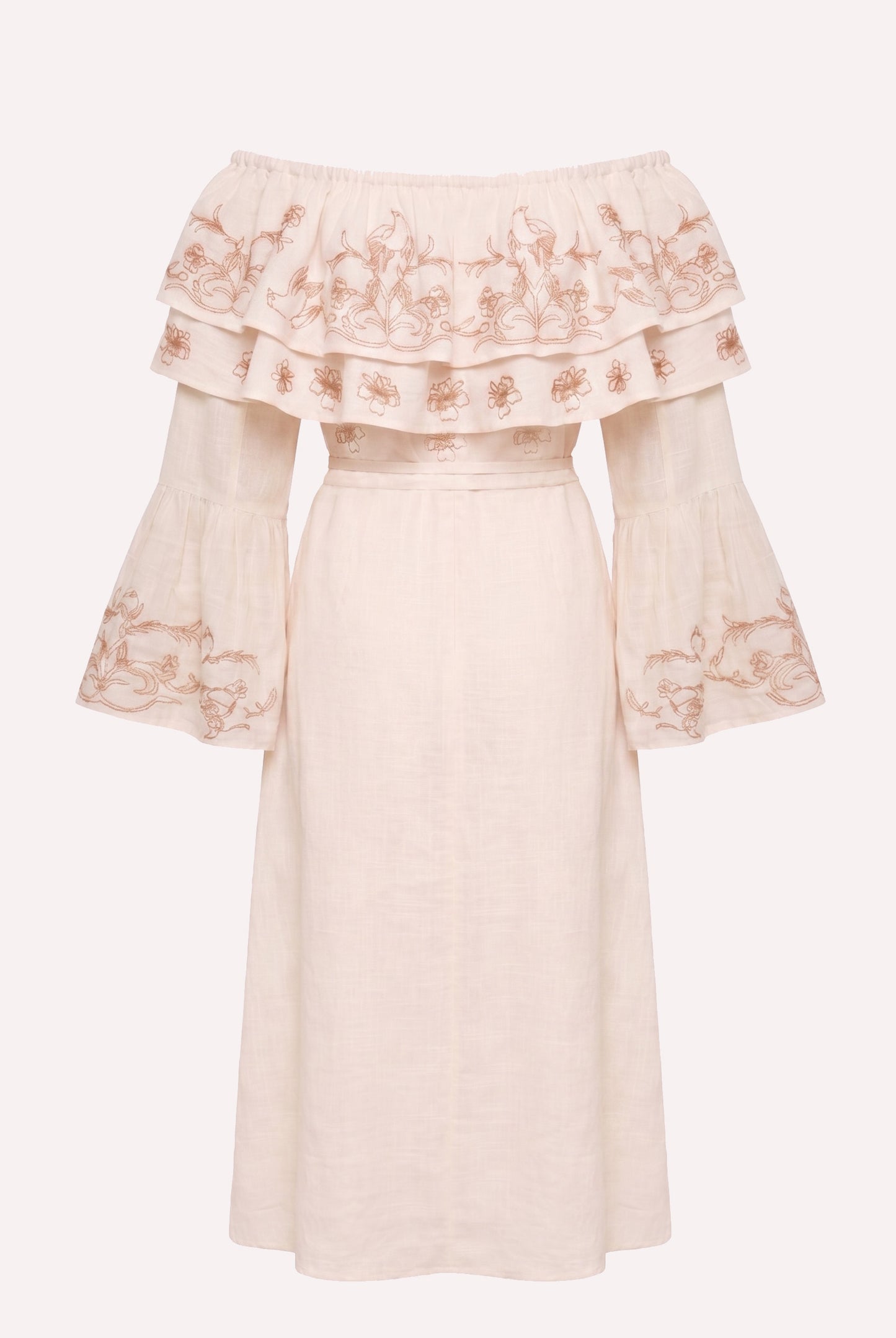 
                  
                    Cream khadi cotton bohemian maxi dress with bird embroidery, off-shoulder ruffle neckline, flowing bell sleeves, and tie waist belt.
                  
                