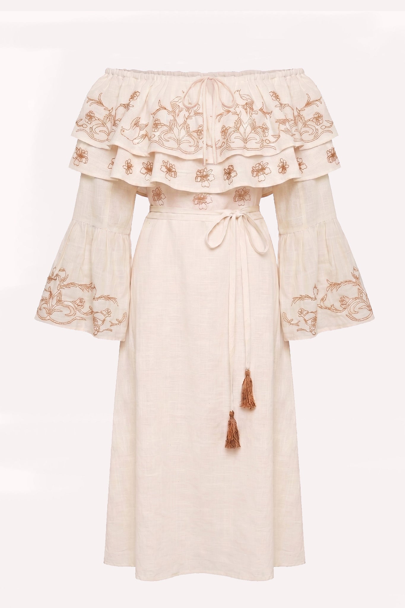 Cream khadi cotton bohemian maxi dress with bird embroidery, off-shoulder ruffle neckline, flowing bell sleeves, and tie waist belt.