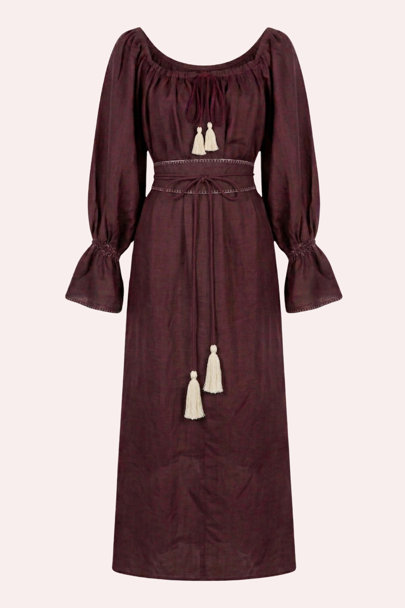 ZAZI Vayana Dress in handwoven Mulberry silk featuring a bohemian maxi silhouette, hand-embroidered details, versatile off-shoulder neckline, long sleeves, and matching belt.