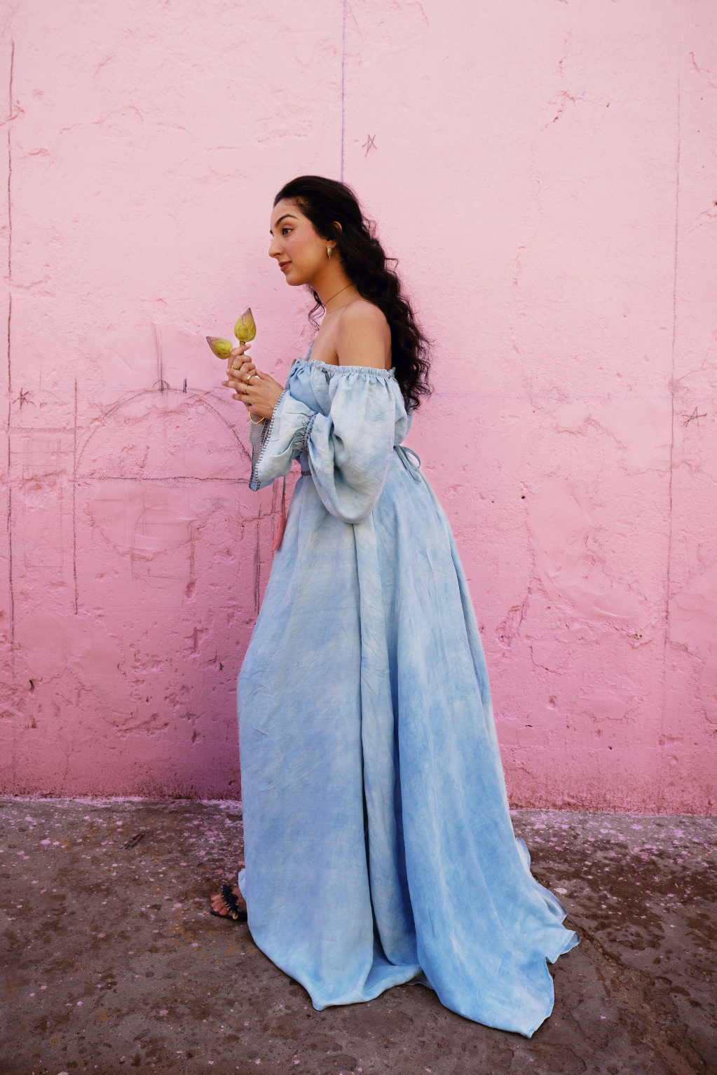 ZAZI Vayana Dress in handwoven Mulberry silk featuring a bohemian maxi silhouette, hand-embroidered details, versatile off-shoulder neckline, long sleeves, and matching belt.