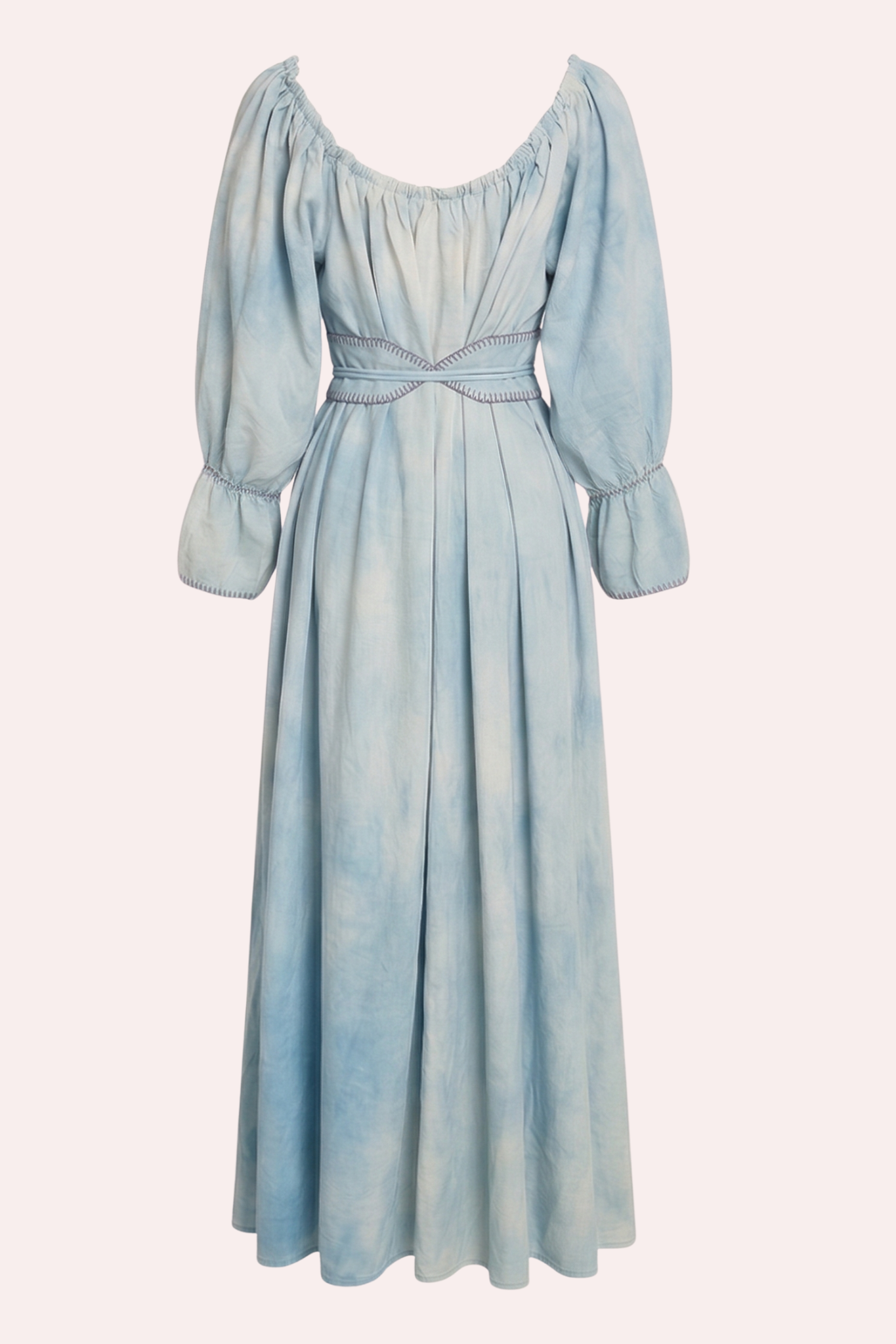 
                  
                    ZAZI Vayana Dress in handwoven Mulberry silk featuring a bohemian maxi silhouette, hand-embroidered details, versatile off-shoulder neckline, long sleeves, and matching belt.
                  
                