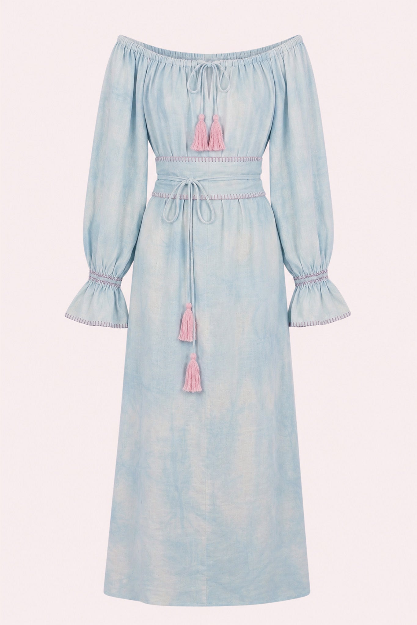 ZAZI Vayana Dress in handwoven Mulberry silk featuring a bohemian maxi silhouette, hand-embroidered details, versatile off-shoulder neckline, long sleeves, and matching belt.