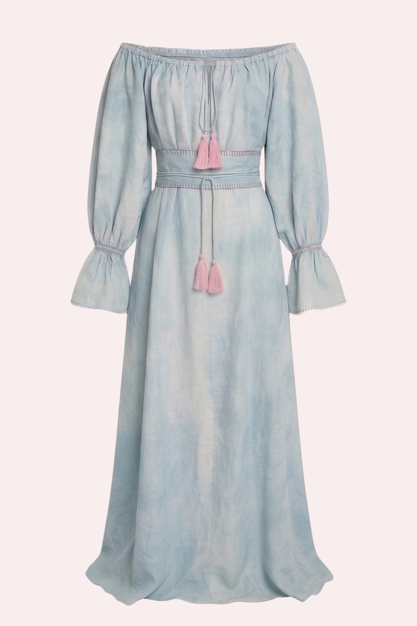 ZAZI Vayana Dress in handwoven Mulberry silk featuring a bohemian maxi silhouette, hand-embroidered details, versatile off-shoulder neckline, long sleeves, and matching belt.