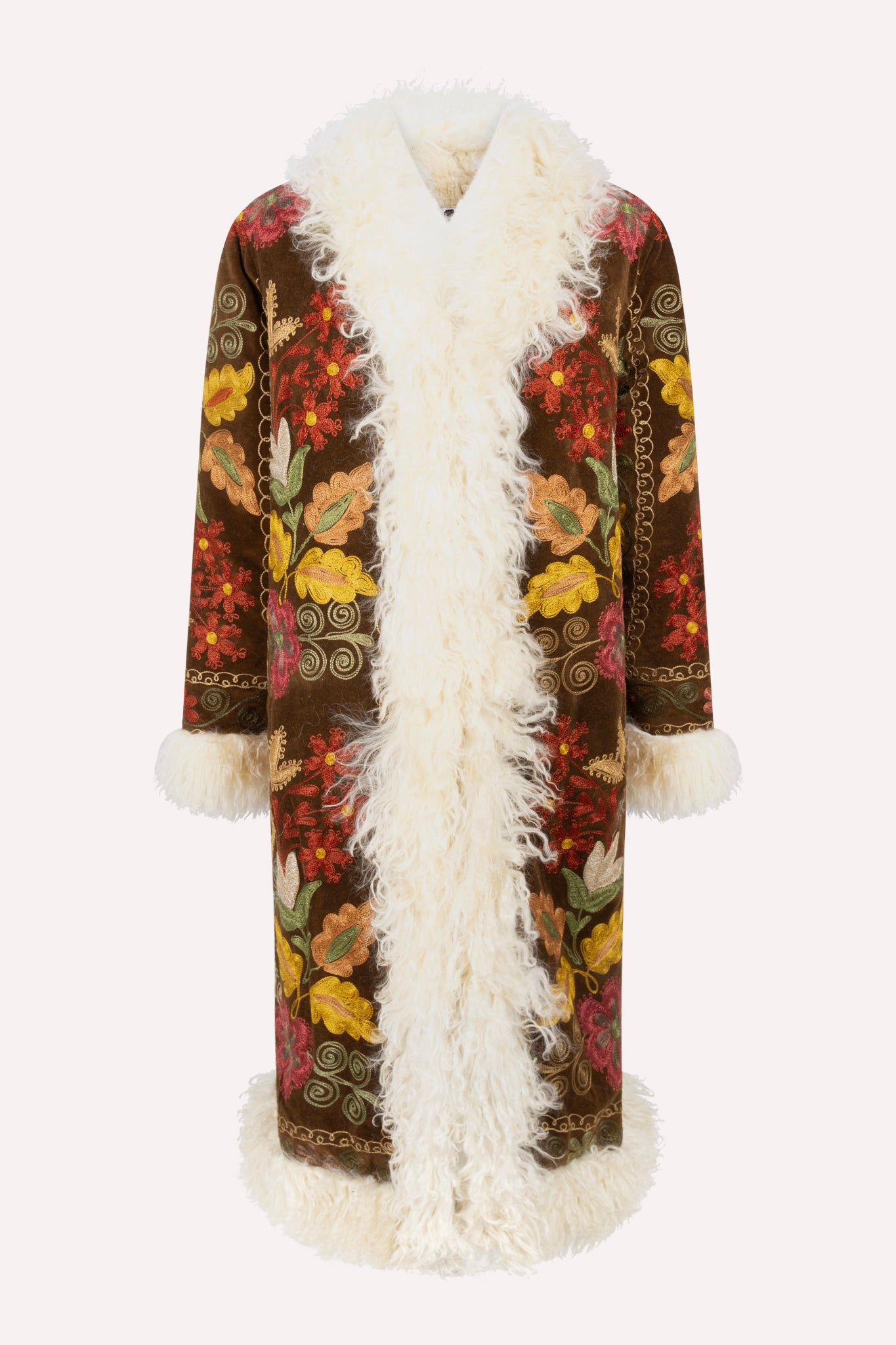 Floral patterned brown velvet afghan coat