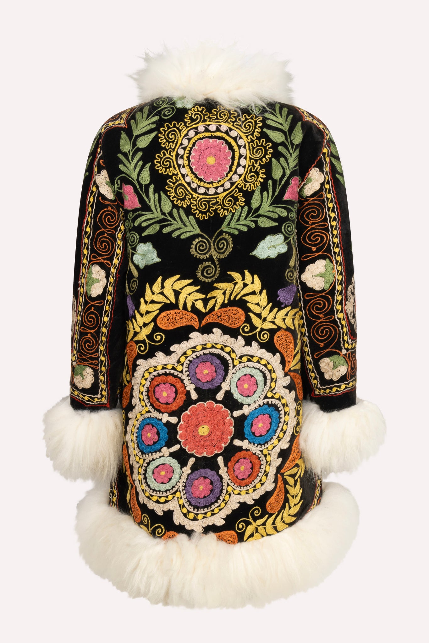 Handmade ZAZI Afghan coat with vintage cotton suzani embroidery, straight 70s Penny Lane silhouette and up-cycled sheepskin lining, handcrafted in Afghanistan