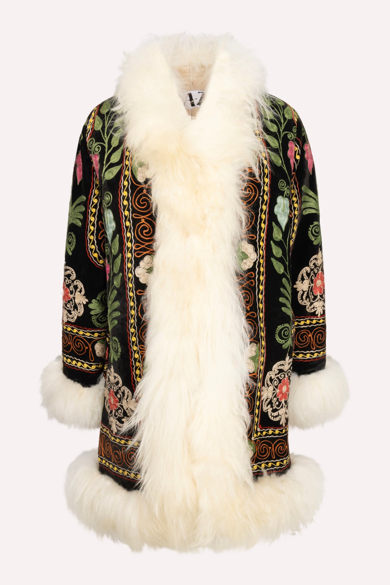 Handmade ZAZI Afghan coat with vintage cotton suzani embroidery, straight 70s Penny Lane silhouette and up-cycled sheepskin lining, handcrafted in Afghanistan