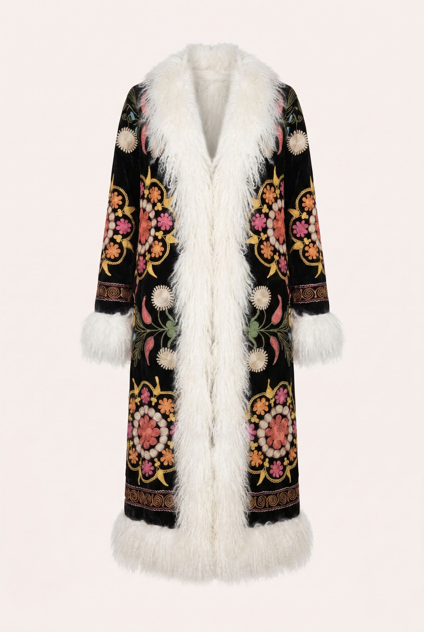 Handmade ZAZI Afghan coat with vintage cotton suzani embroidery, straight 70s Penny Lane silhouette and up-cycled sheepskin lining, handcrafted in Afghanistan