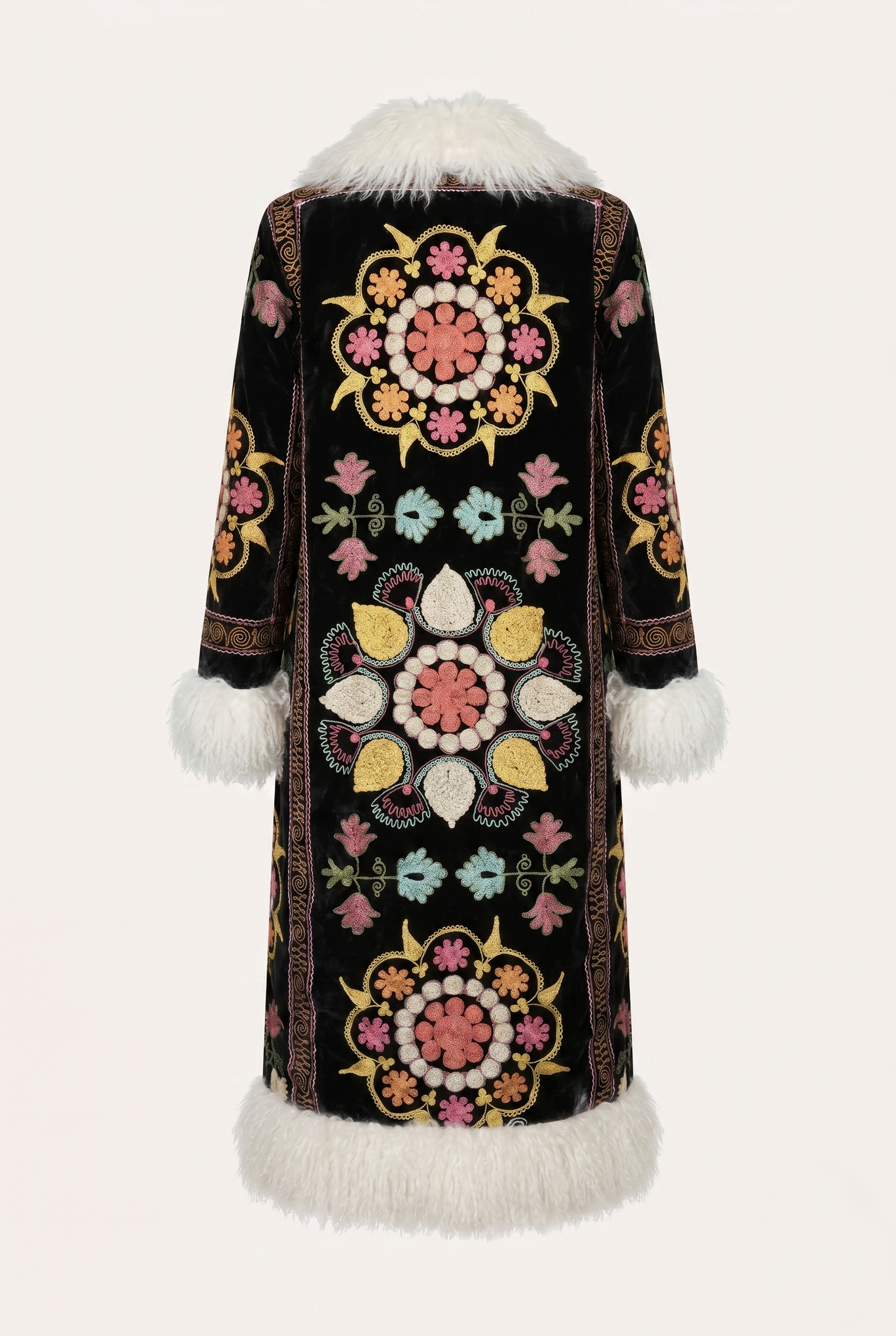 Handmade ZAZI Afghan coat with vintage cotton suzani embroidery, straight 70s Penny Lane silhouette and up-cycled sheepskin lining, handcrafted in Afghanistan