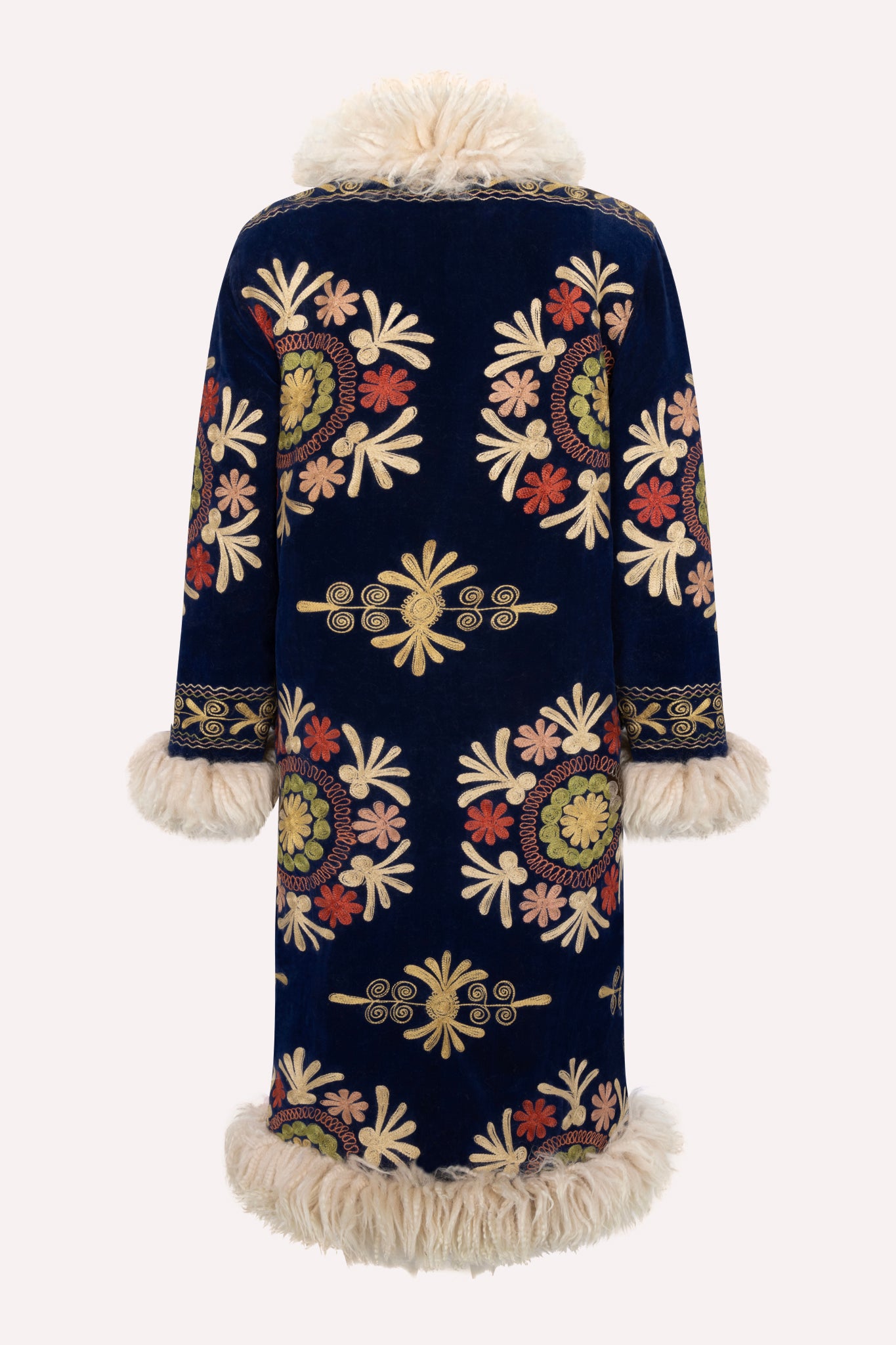 Handmade ZAZI Afghan coat with vintage cotton suzani embroidery, straight 70s Penny Lane silhouette and up-cycled sheepskin lining, handcrafted in Afghanistan