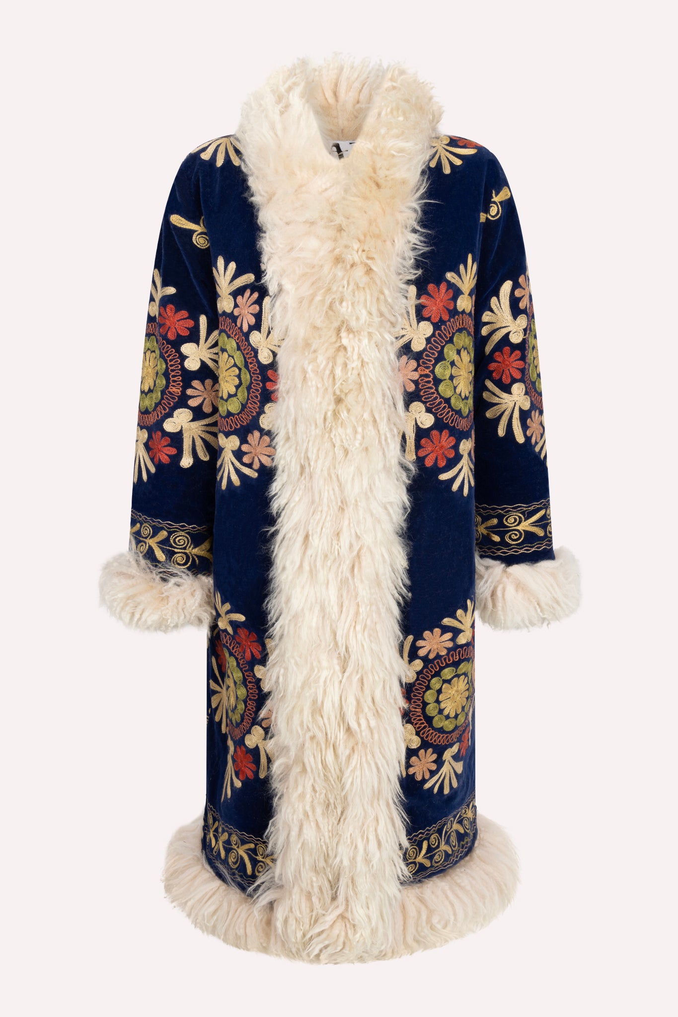 Handmade ZAZI Afghan coat with vintage cotton suzani embroidery, straight 70s Penny Lane silhouette and up-cycled sheepskin lining, handcrafted in Afghanistan