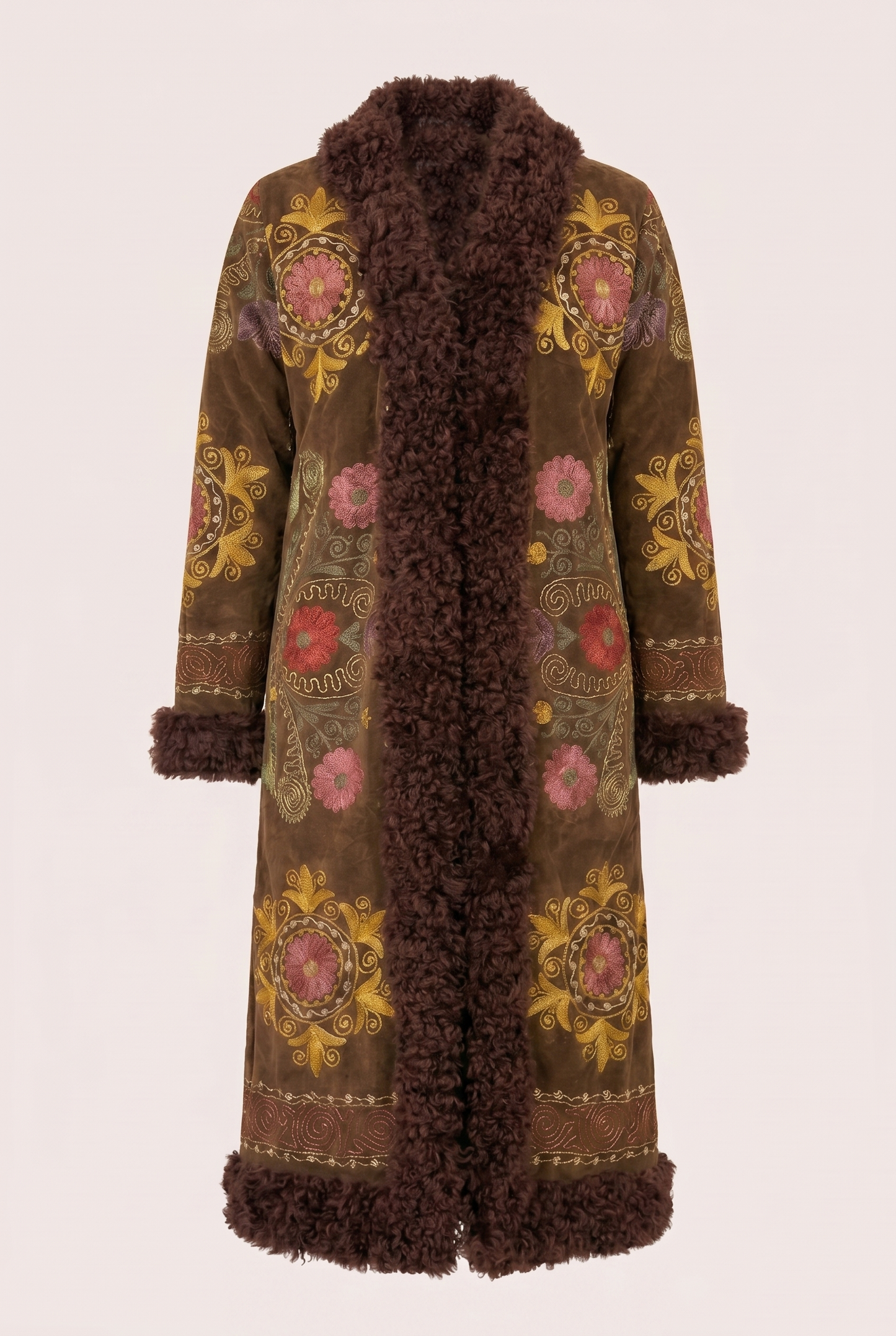 Handmade ZAZI Afghan coat with vintage cotton suzani embroidery, straight 70s Penny Lane silhouette and up-cycled sheepskin lining, handcrafted in Afghanistan