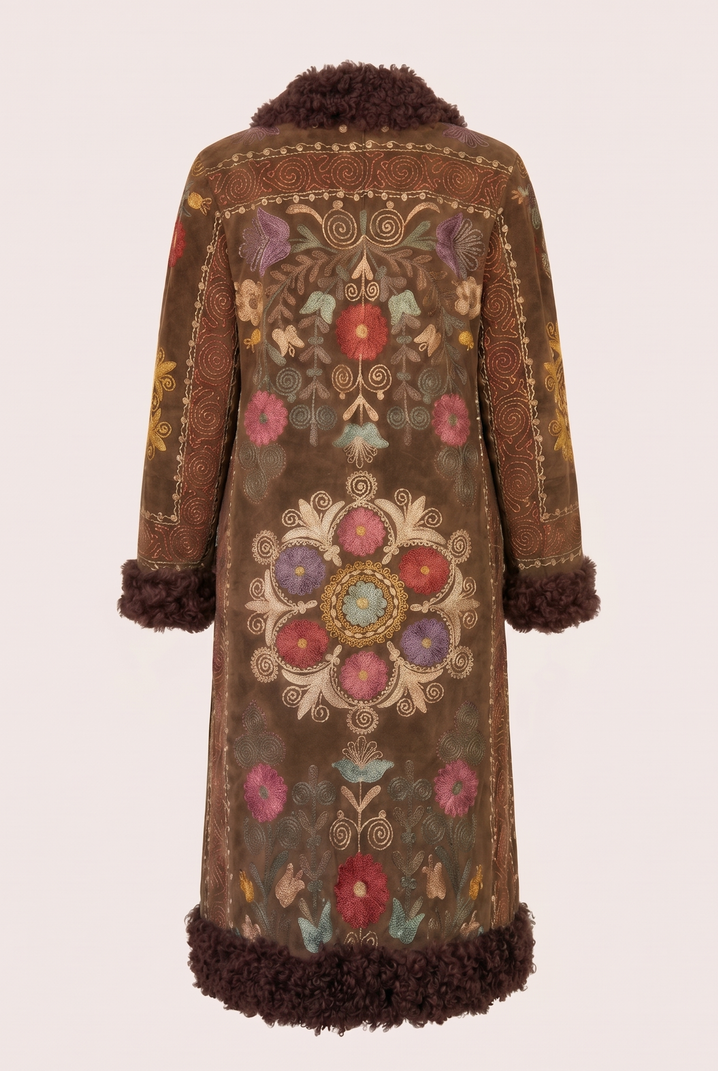 Handmade ZAZI Afghan coat with vintage cotton suzani embroidery, straight 70s Penny Lane silhouette and up-cycled sheepskin lining, handcrafted in Afghanistan