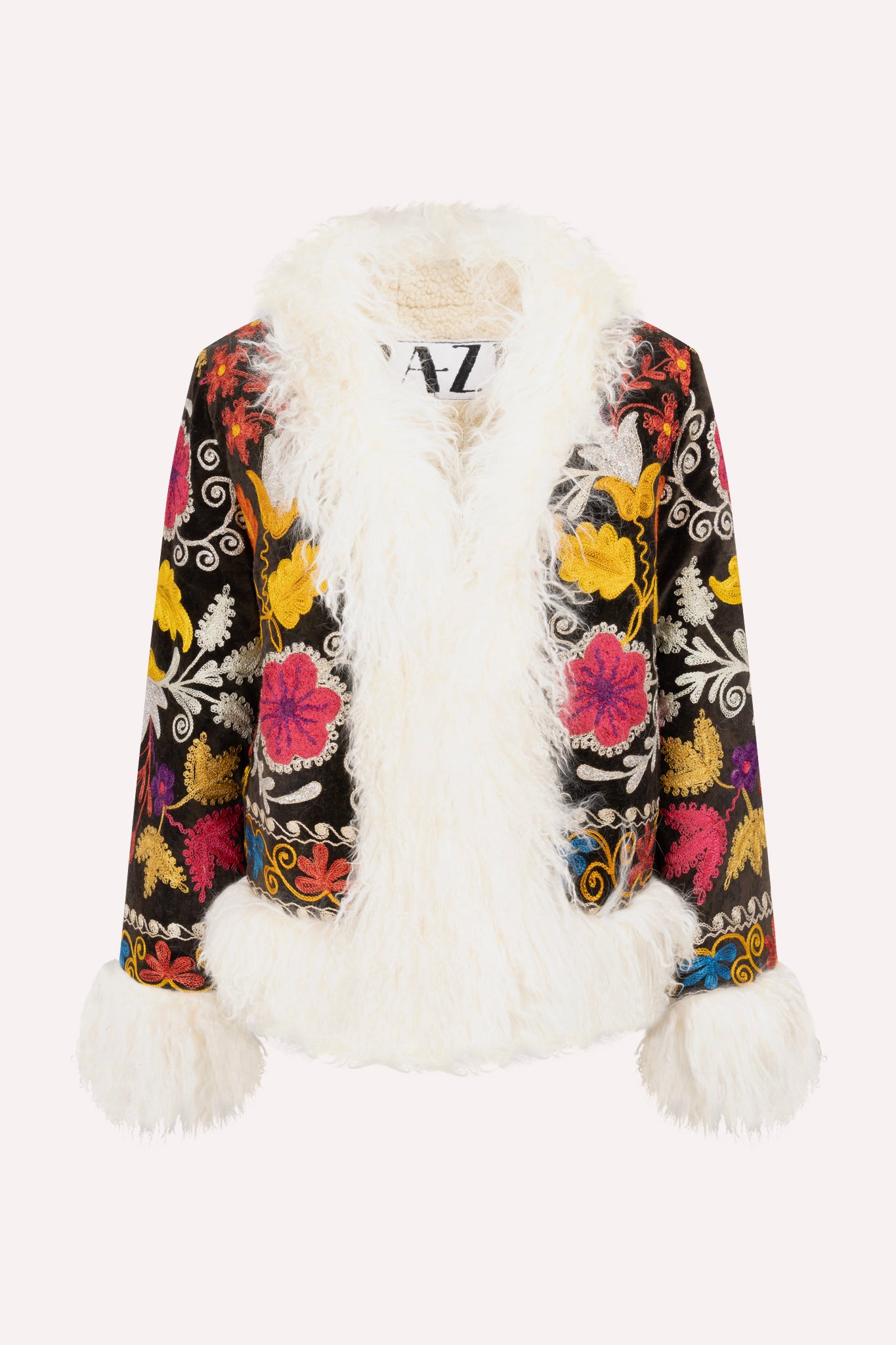 Short ZAZI Afghan coat handcrafted from vintage velours cotton suzani embroidery with upcycled sheepskin lining, featuring a straight 1970s-inspired silhouette with hook closures, made by women artisans in Afghanistan.