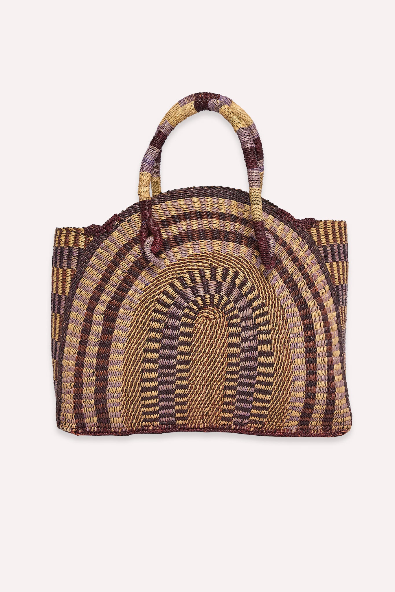 Handcrafted ZAZI x Dorcas big tote bag with signature half-moon silhouette, woven in yellow, tobacco, lavender and natural straw by ASIGE women in Bolgatanga, Ghana