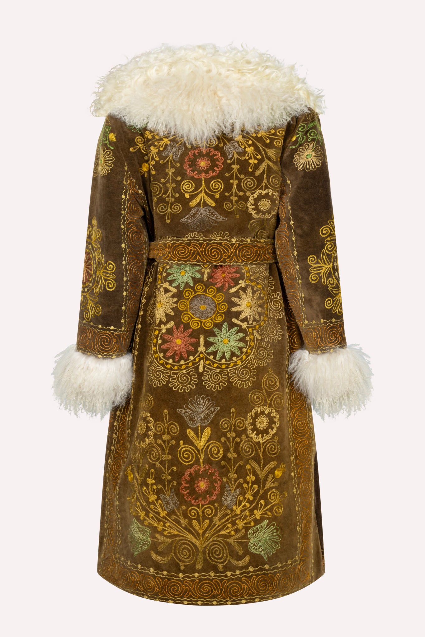 Brown ZAZI Afghan Penny Lane coat ethically handmade with vintage suzani embroidery in yellow