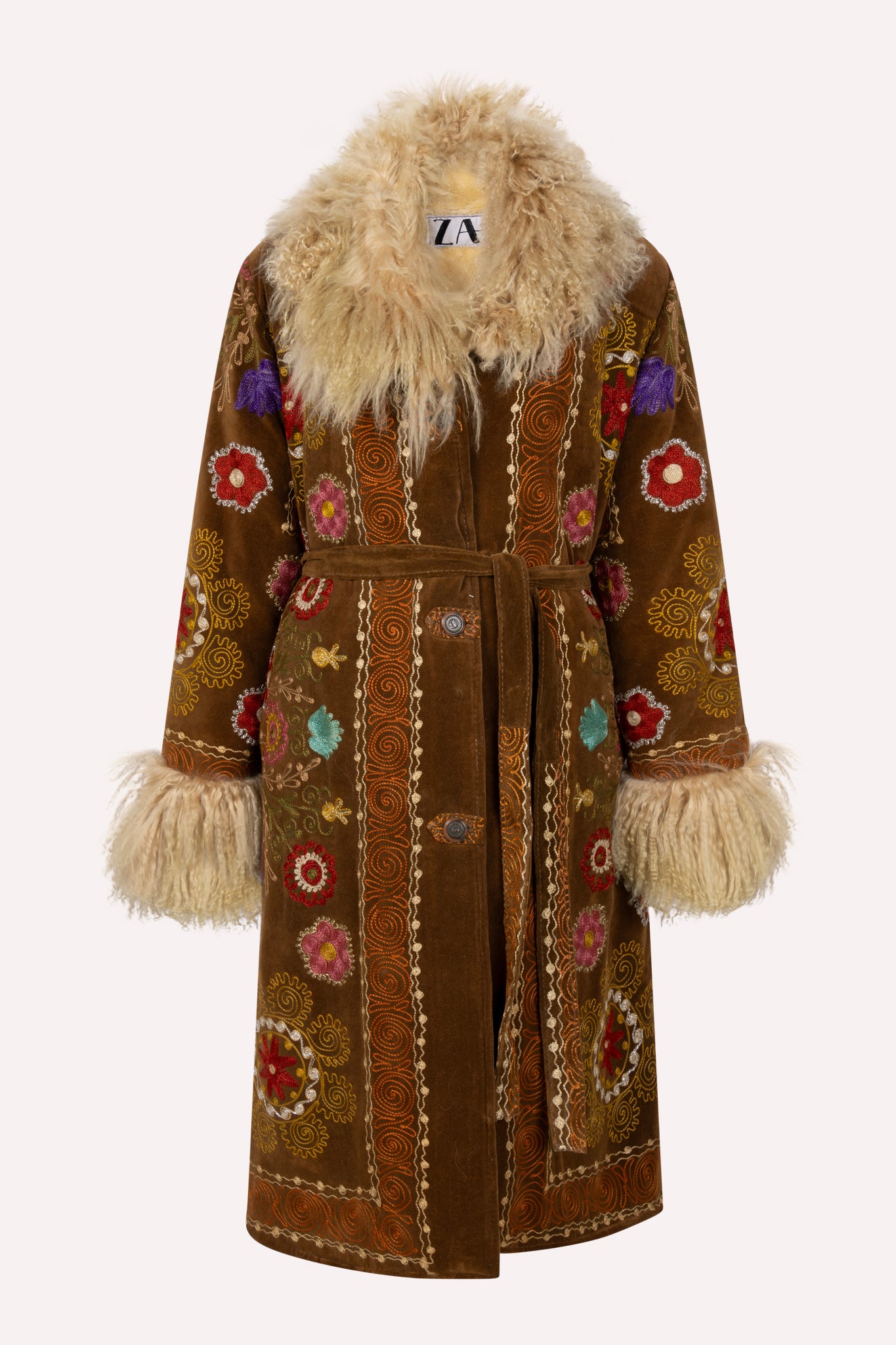 Brown ZAZI Afghan Penny Lane coat ethically handmade with vintage suzani embroidery