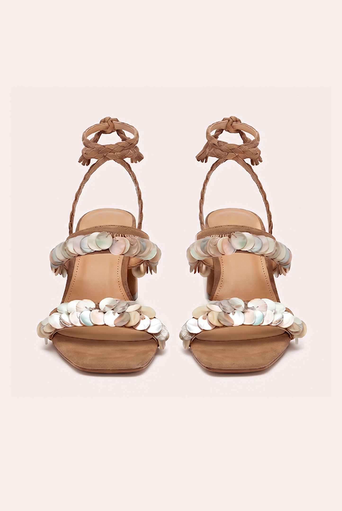 Handcrafted tan suede heel sandals with mother of pearl beads and braided wrap-around ankle ties.