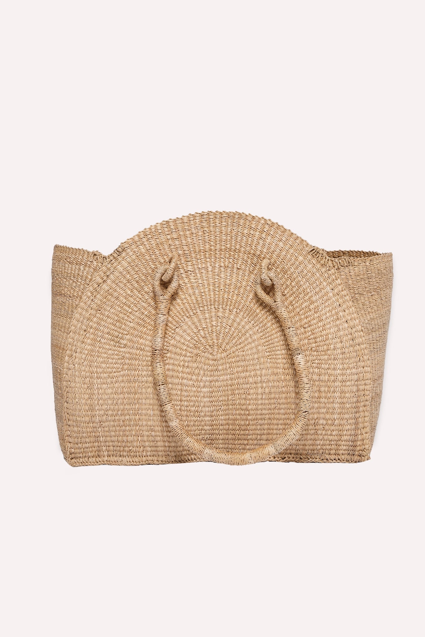 Large hand-woven half-moon handbag featuring a unique ZAZI pattern and a fabric drawstring interior closure.