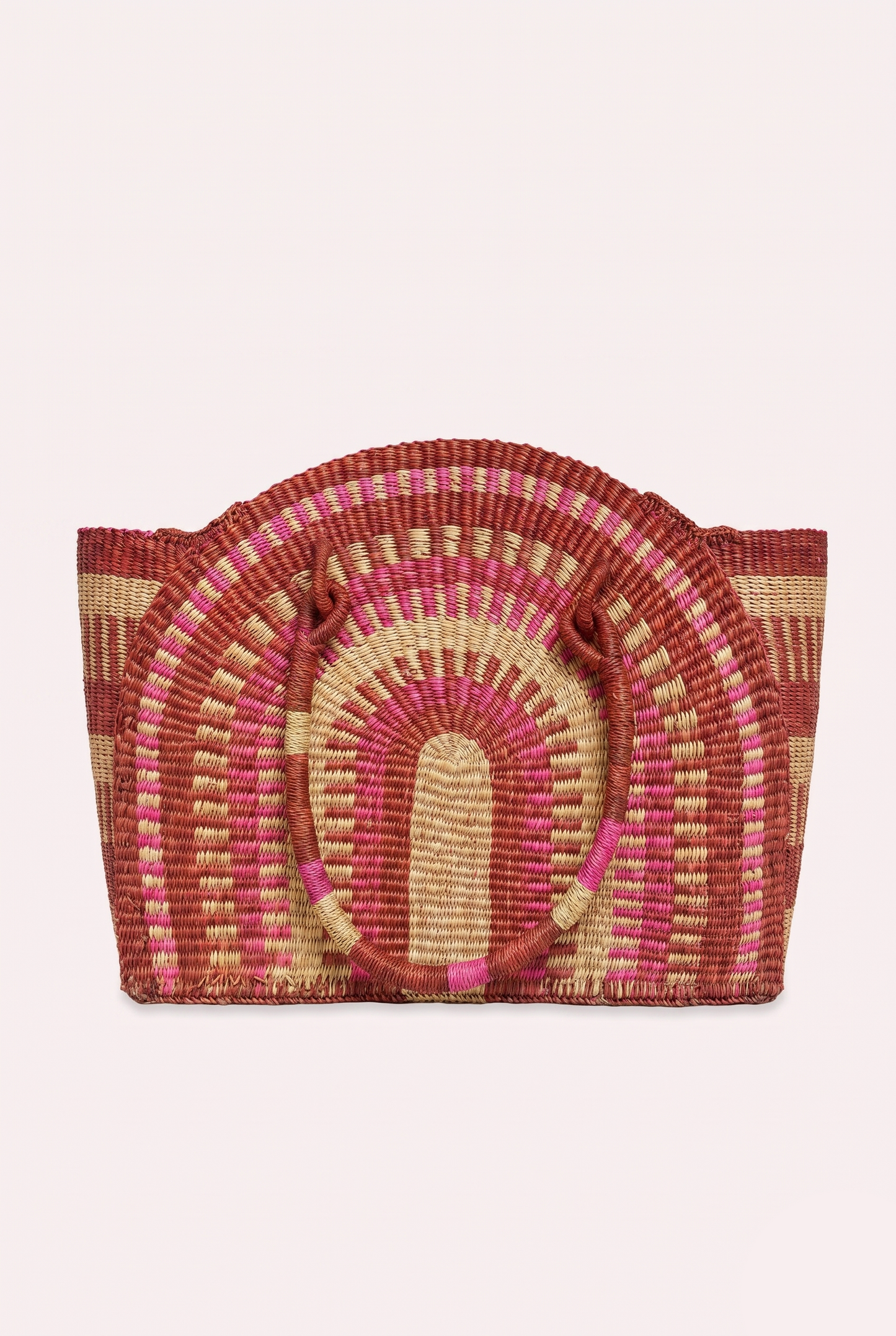 Large hand-woven half-moon handbag featuring a unique ZAZI pattern and a fabric drawstring interior closure.
