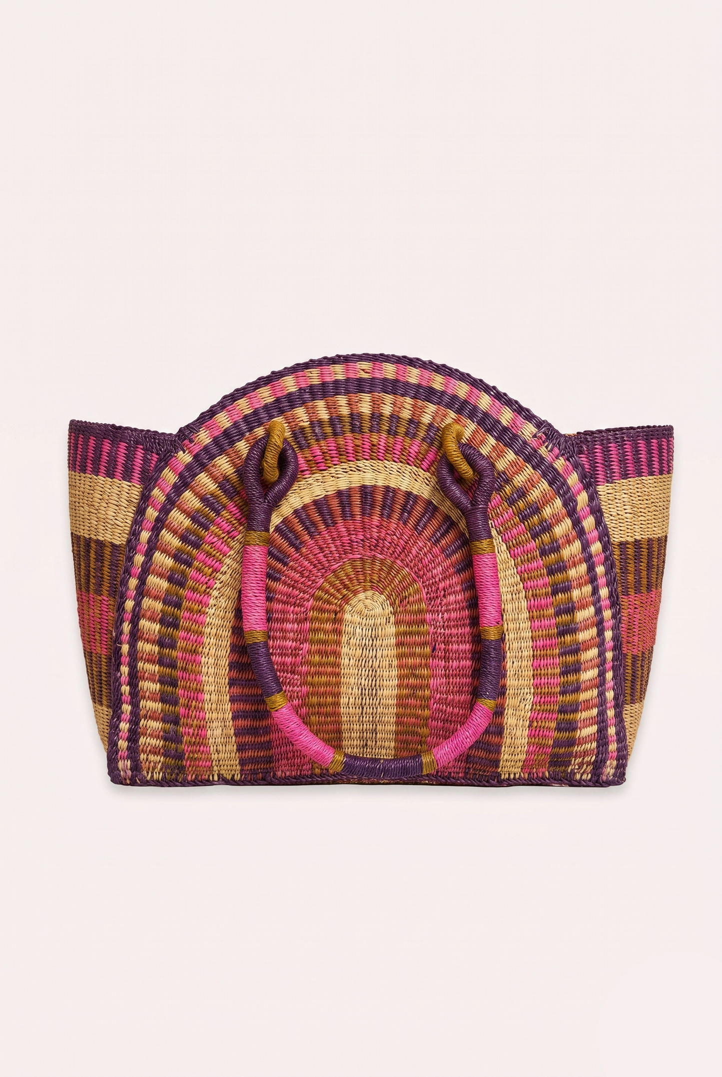 Large hand-woven half-moon handbag featuring a unique ZAZI pattern and a fabric drawstring interior closure.