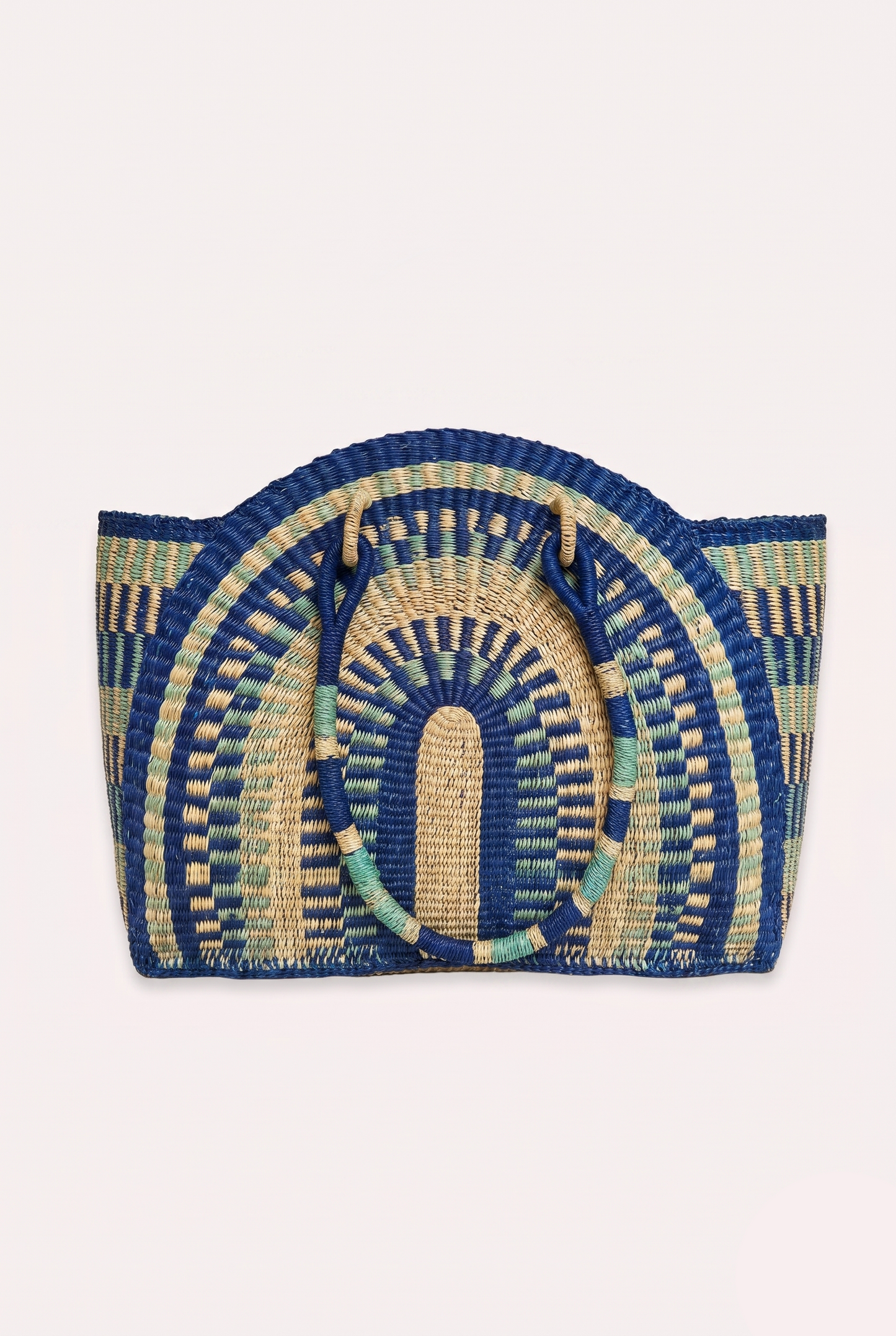 Large hand-woven half-moon handbag featuring a unique ZAZI pattern and a fabric drawstring interior closure.