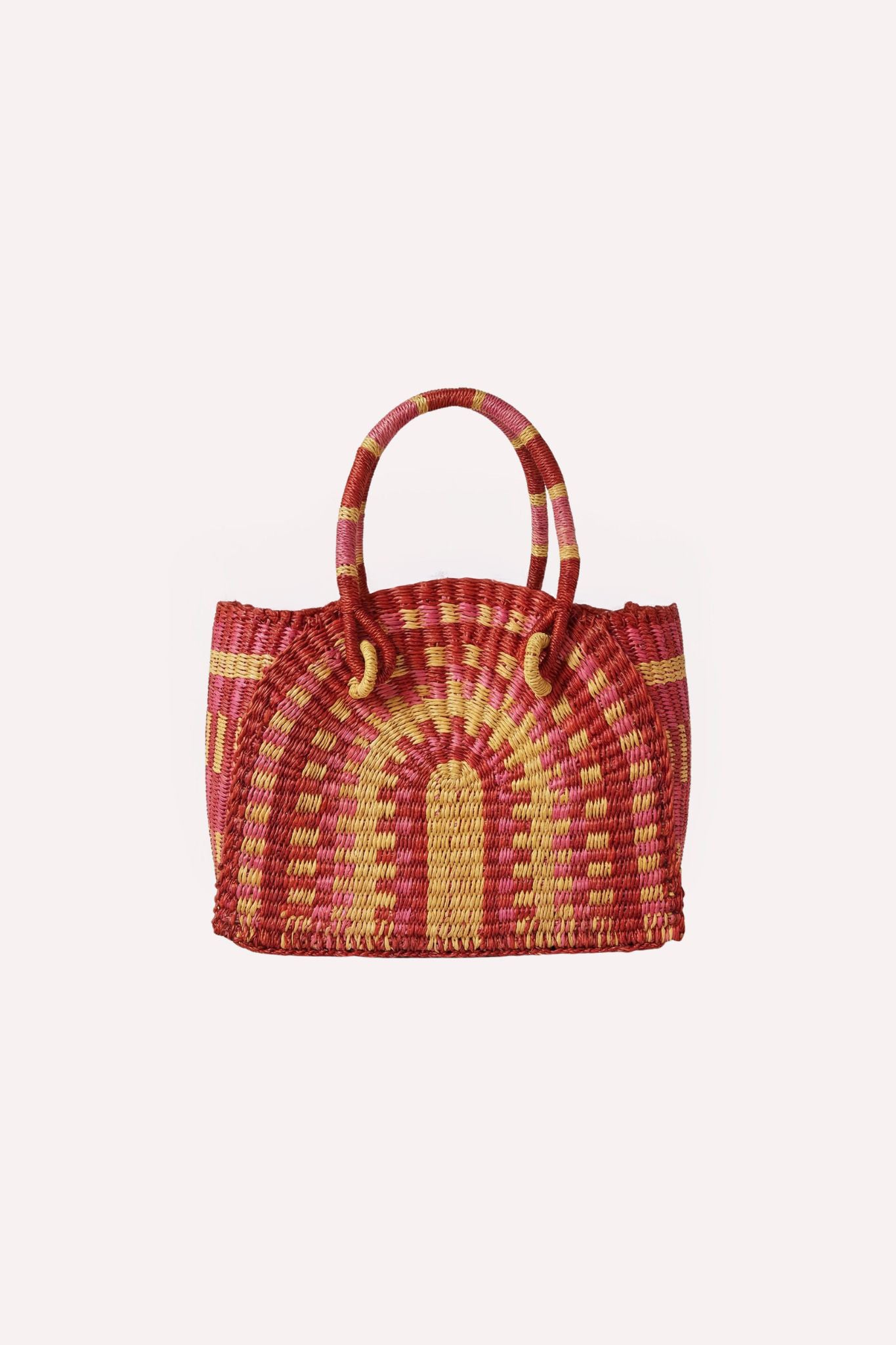 Small hand-woven half-moon handbag featuring a unique ZAZI pattern and a fabric drawstring interior closure.